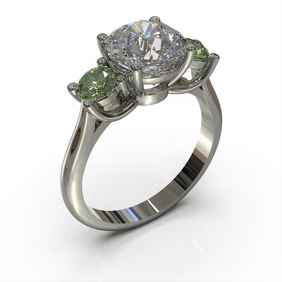 Ring with a trio of gemstones

Centrally set within a round old European cut  Moissanite displays a beautiful vitreous lustre. Two round green Dermantoids are similarly set on either side. Simply gorgeous.This ring made in 18 carat Palladium white