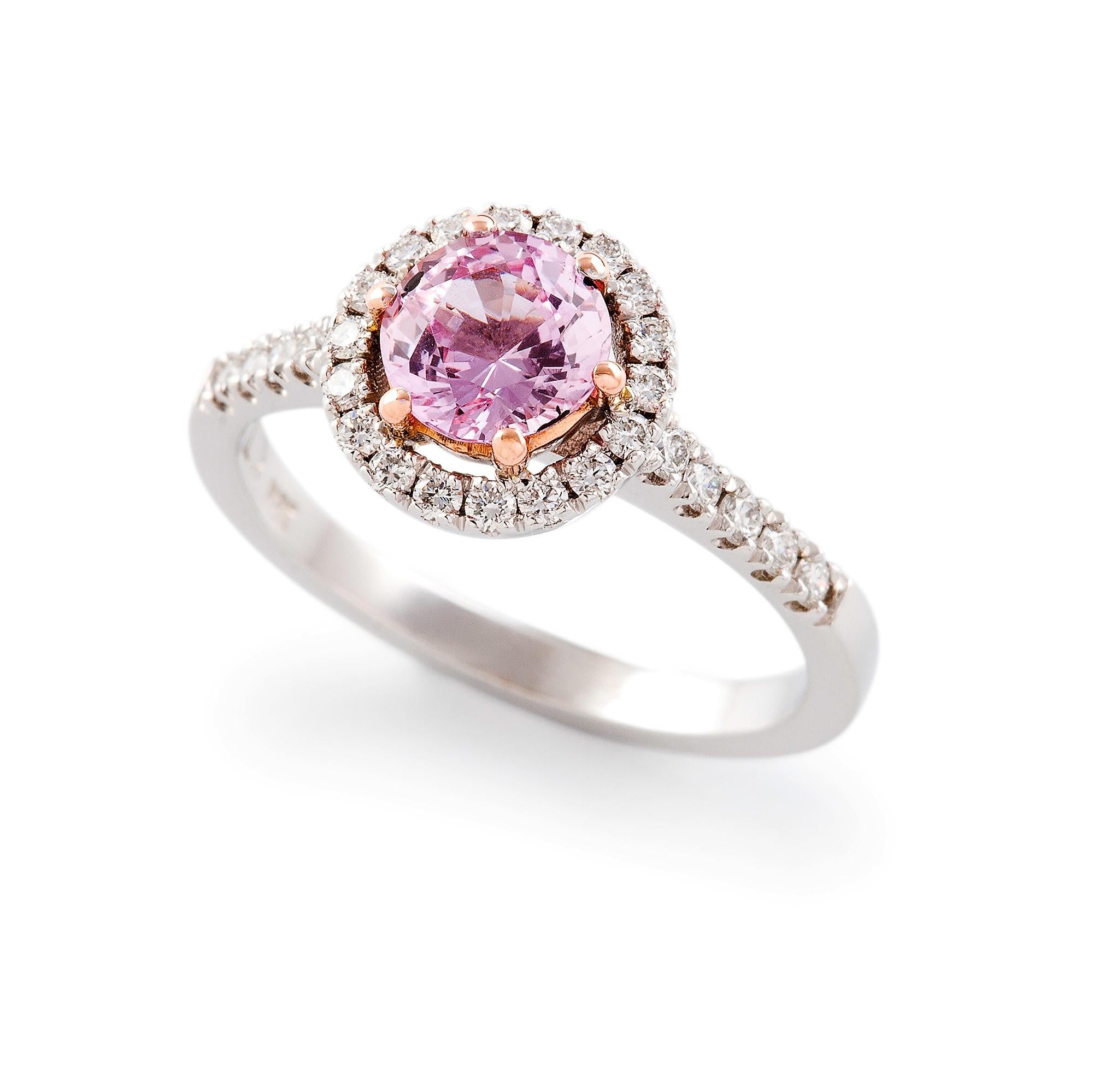 Contemporary Kian Design Two-Tone Pink Sapphire Diamond Halo Engagement Ring