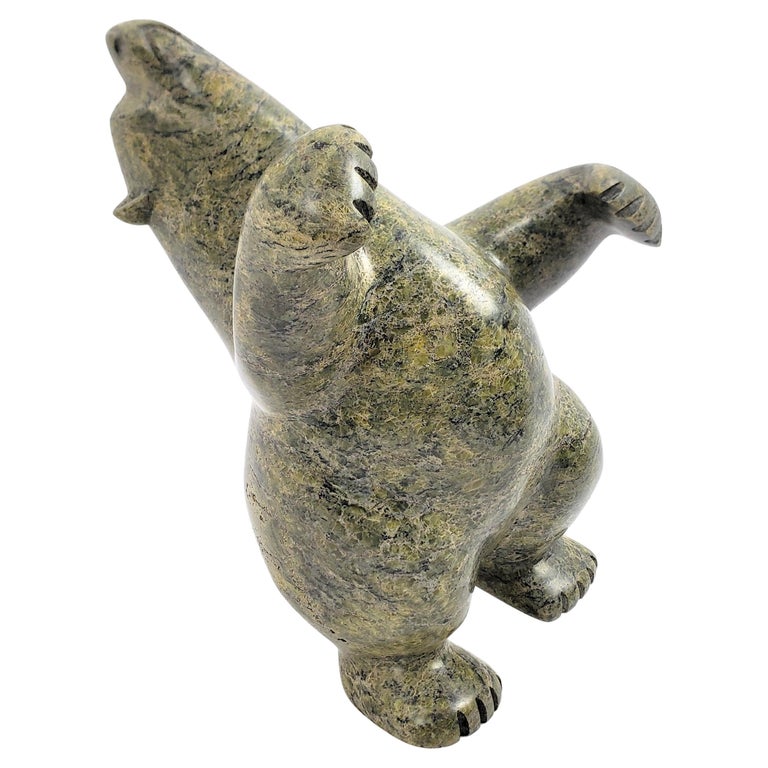 Kiawak Ashoona Signed Inuit Soapstone Sculpture of a Dancing or Rearing  Bear For Sale at 1stDibs