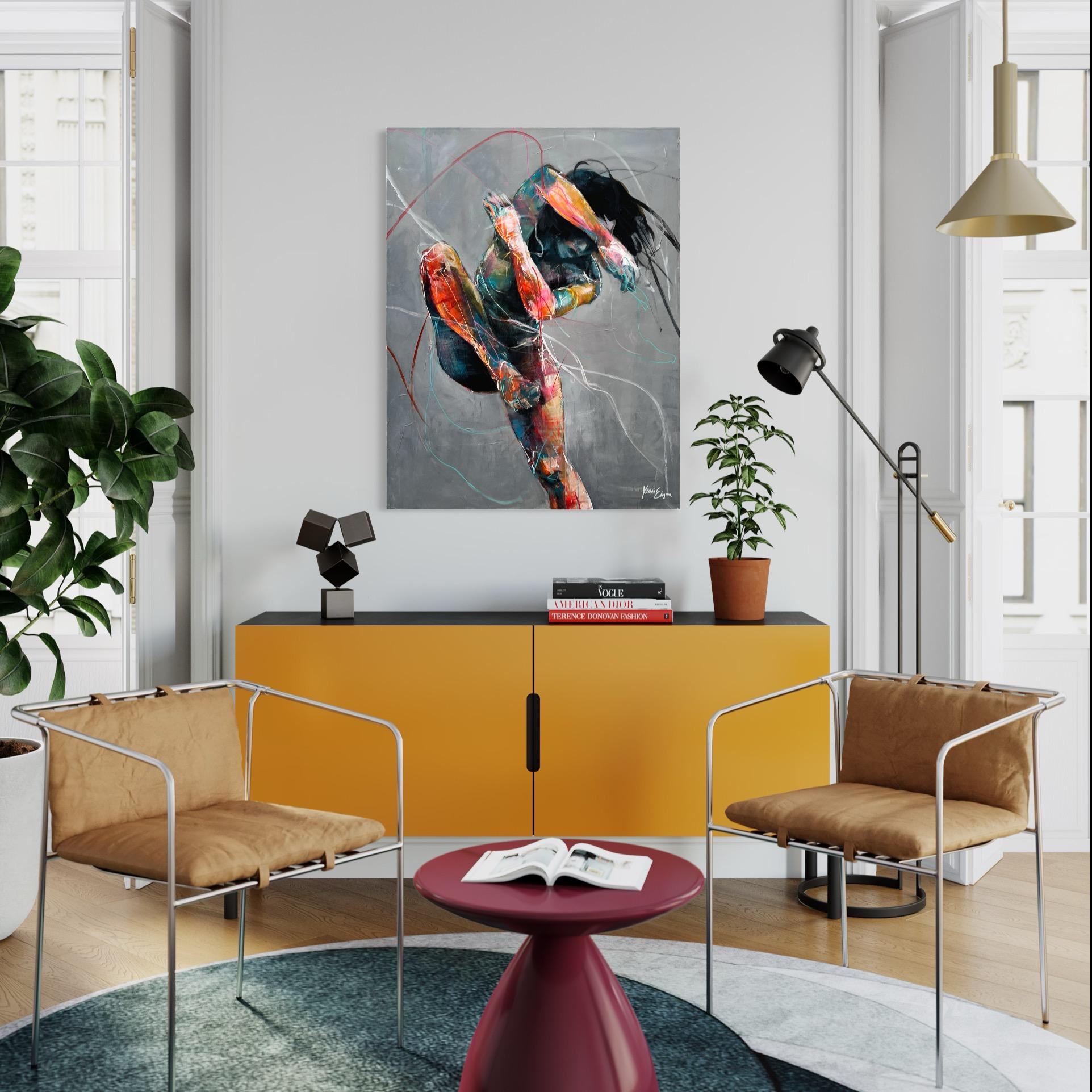 This vertical, figurative acrylic painting measures 45 inches high and 35 inches wide. It is wired and ready to hang. It is hand signed by the artist on the back of the artwork. This piece would be an excellent addition to any collection.

Kicki