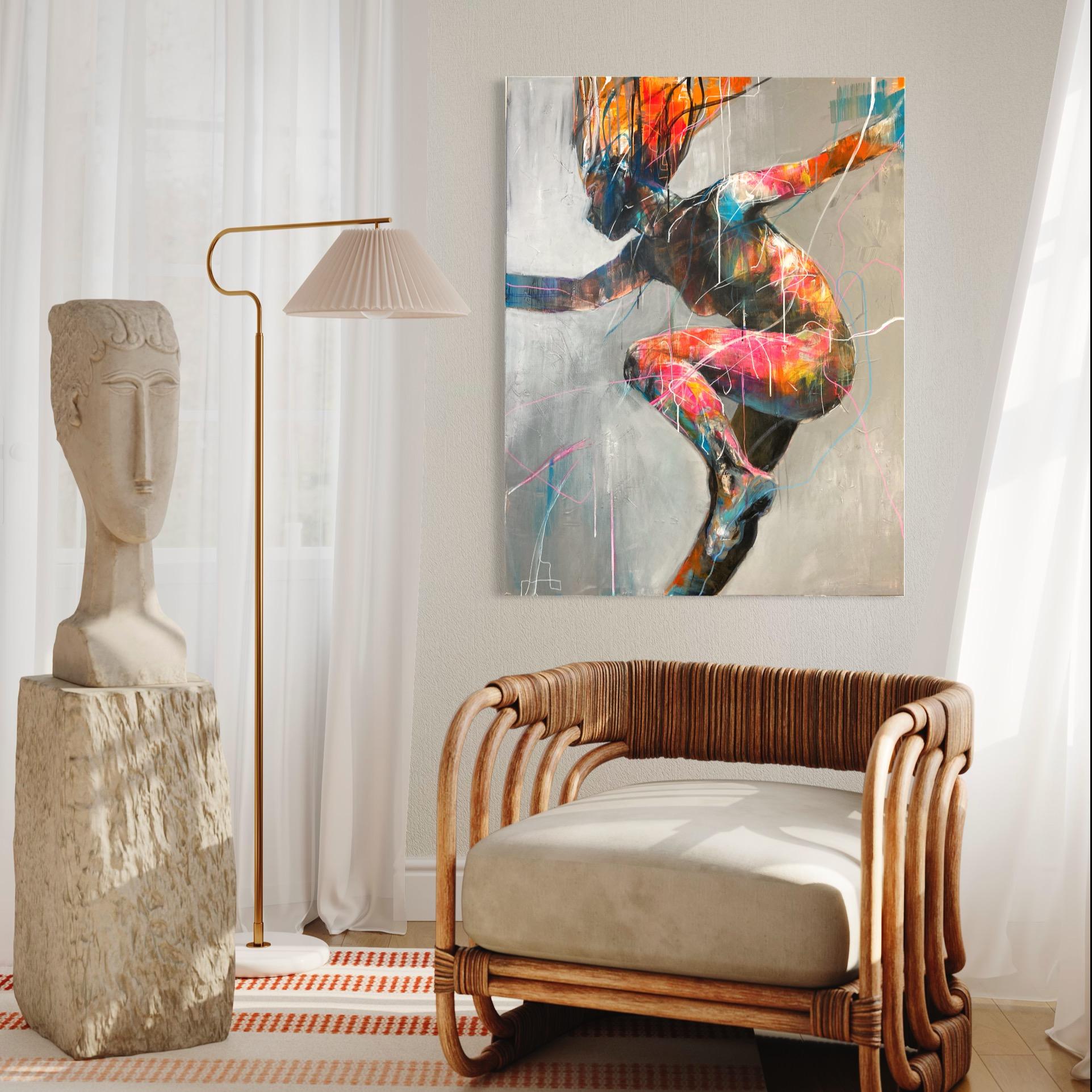 This vertical, figurative acrylic painting measures 45.5 inches high and 35 inches wide. It is wired and ready to hang. It is hand signed by the artist on the front and back of the artwork. This piece would be an excellent addition to any
