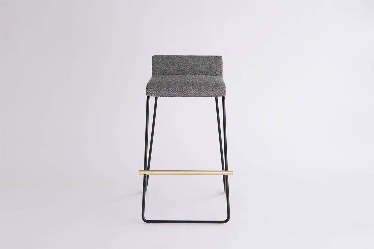 Listed price is for the kickstand bar stool in powder coat (flat black or flat white) with a solid brushed brass footrest and Harness by Moore & Giles leather. 
COL is also available, with a List price of $ 2,115.00.
The Kickstand Bar stool is