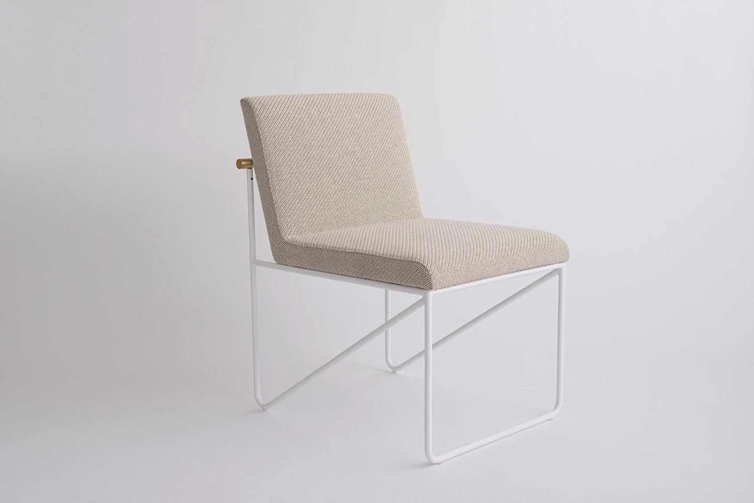 Important to note that this listing is for the Kickstand Side Chair (Armless) in a Flat White Powder Coat Finish. Pricing is COM and this listing does not include the price of fabric. A configuration with arms is also available; see separate
