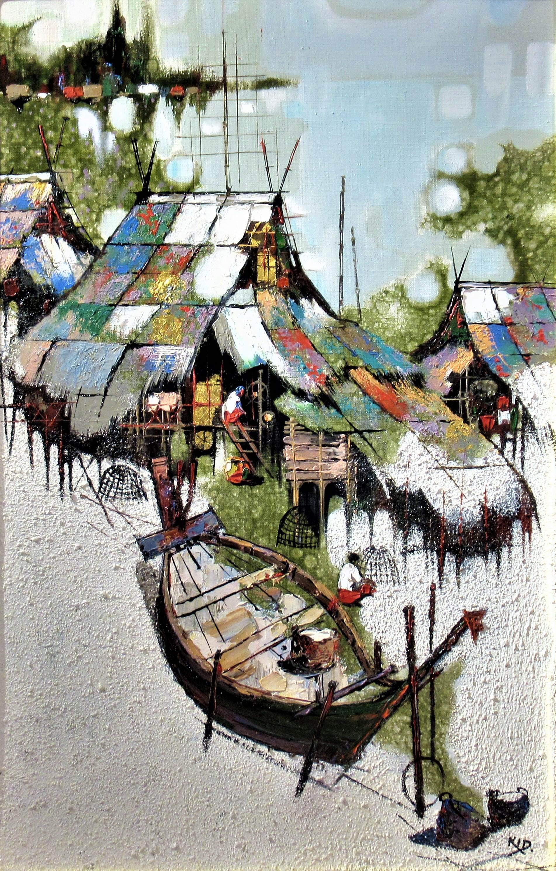 Fishing Village, Puttaya, Thailand - Painting by KId Kosolawat