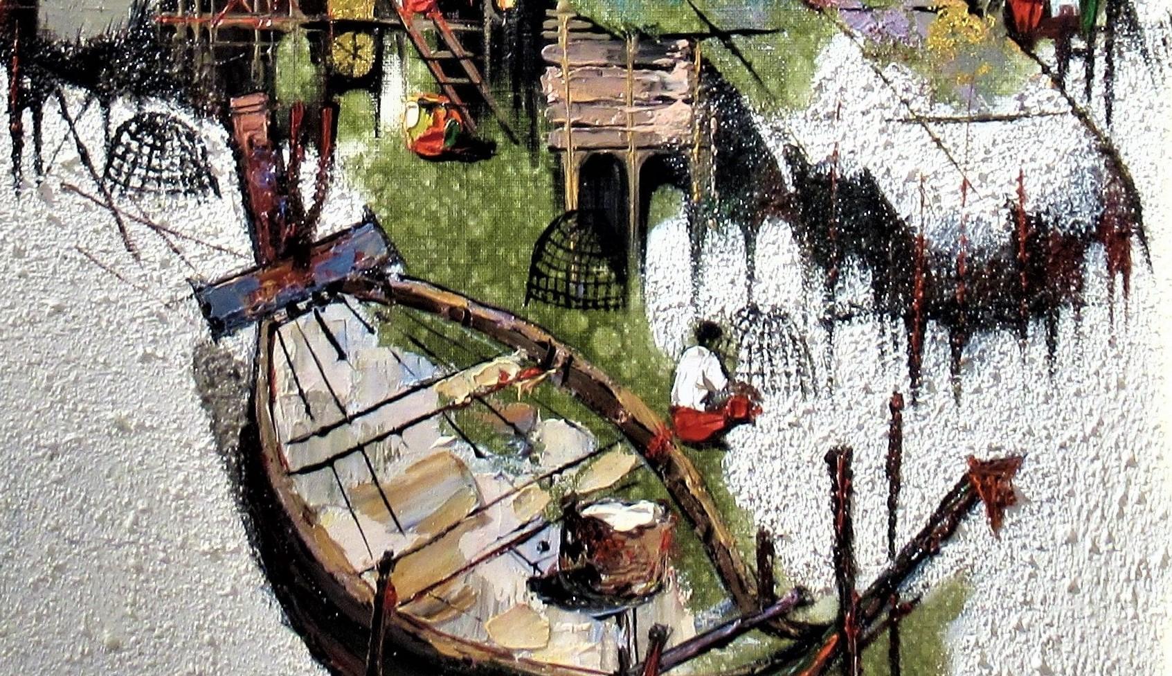Village de pêcheurs de Puttaya, Thaïlande - Marron Landscape Painting par KId Kosolawat