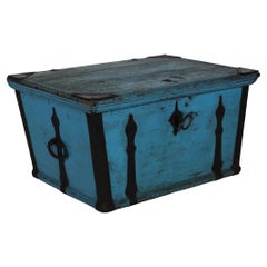 Kid Size Used Swedish Campaign Chest with Patinated Blue Paint and Iron 1850s