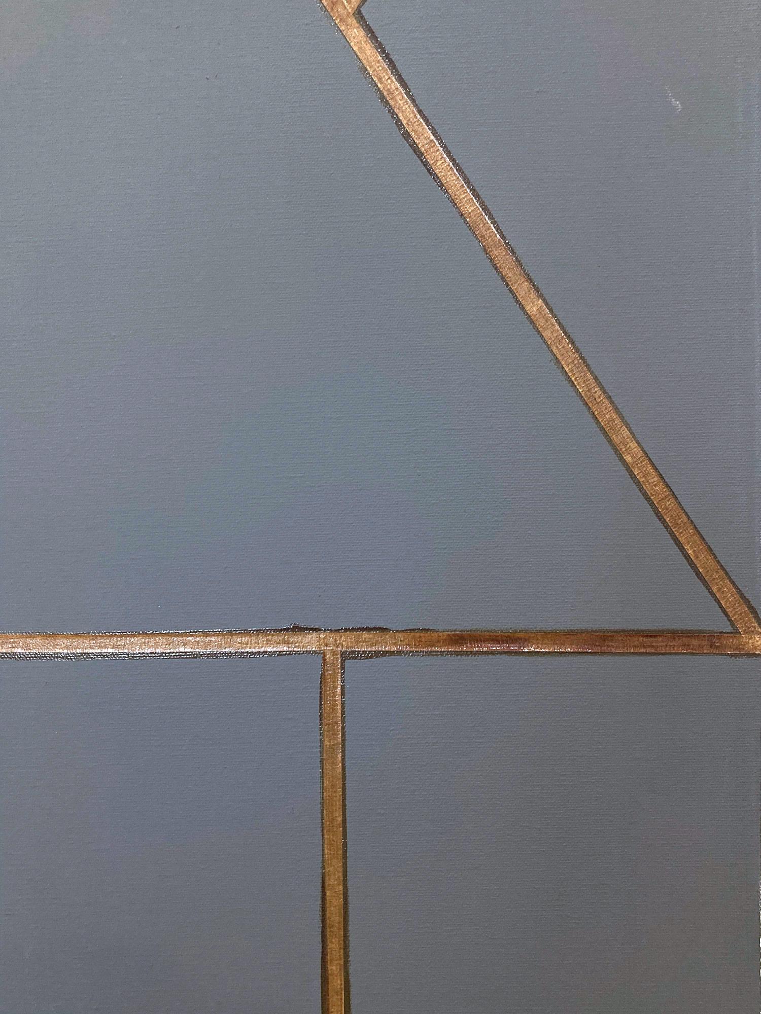 This work is a bold display of geometrically strong pieces, with charcoal grey and light grey and touches of gold in the strong lines which create this Diptych. 