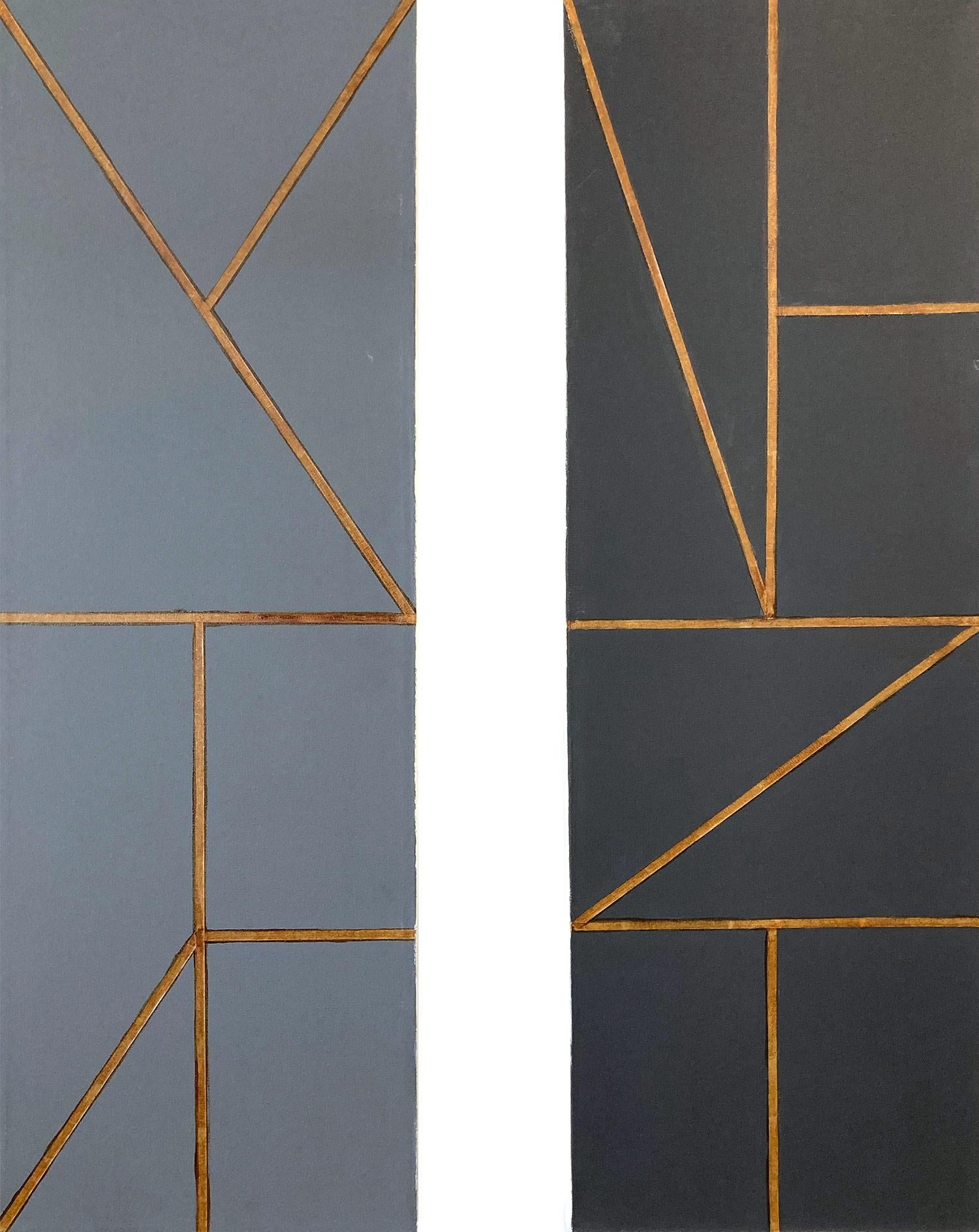 Abstract Painting Kid Utah - « Radio City Music Hall », peinture géométrique sur toile avec diptyque doré
