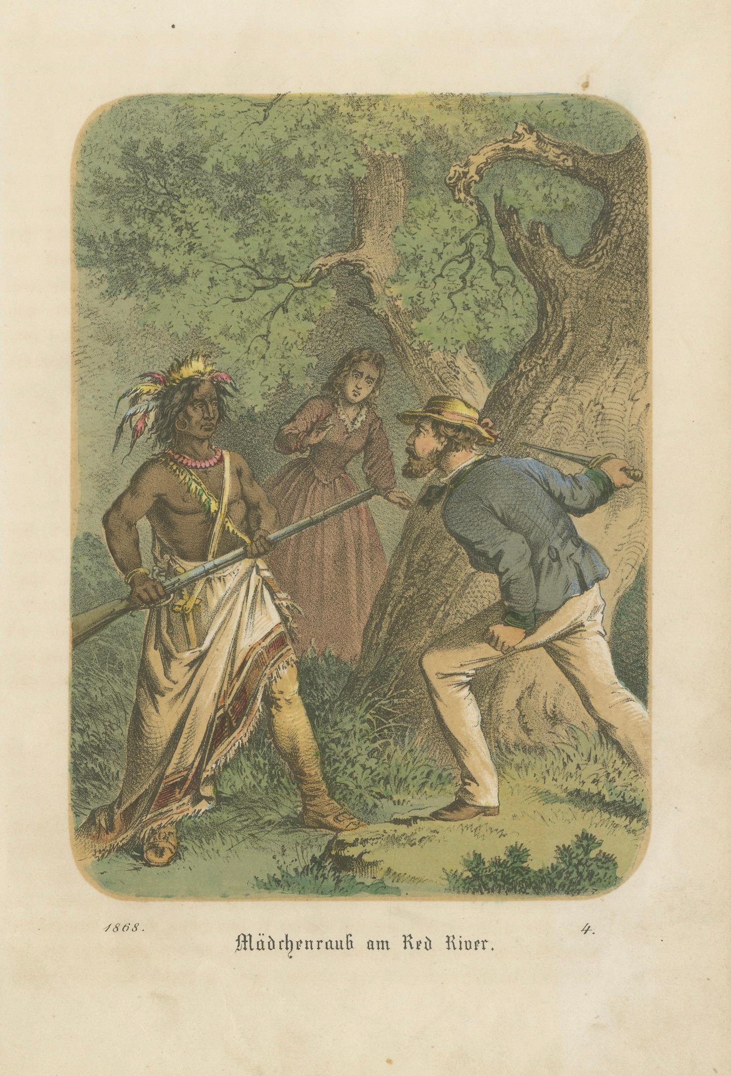 Kidnapping at the Red River – Antique Frontier Scene Lithograph, 1868
