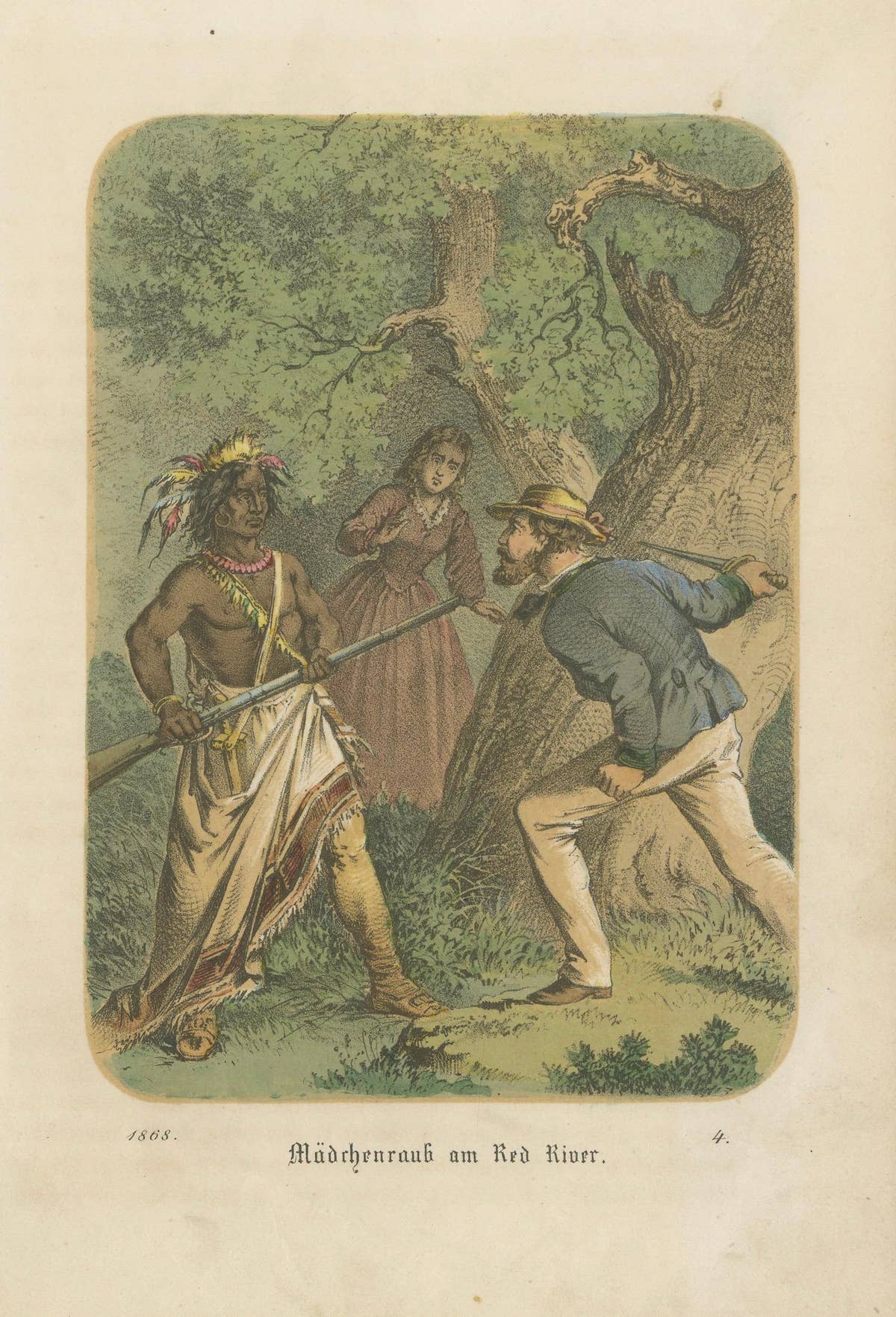Kidnapping at the Red River – Antique Frontier Scene Lithograph, 1868