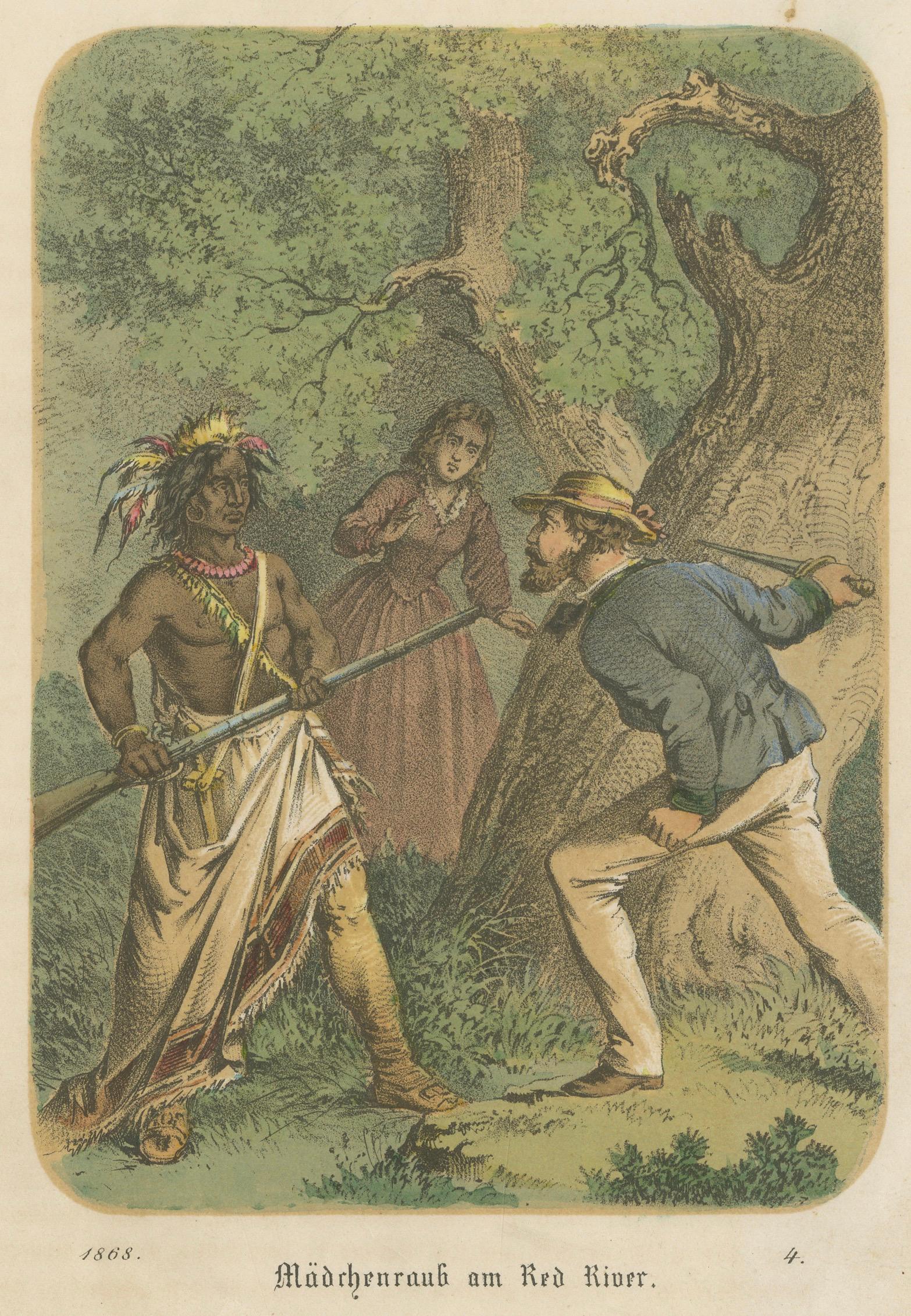 Kidnapping at the Red River – Antique Frontier Scene Lithograph, 1868