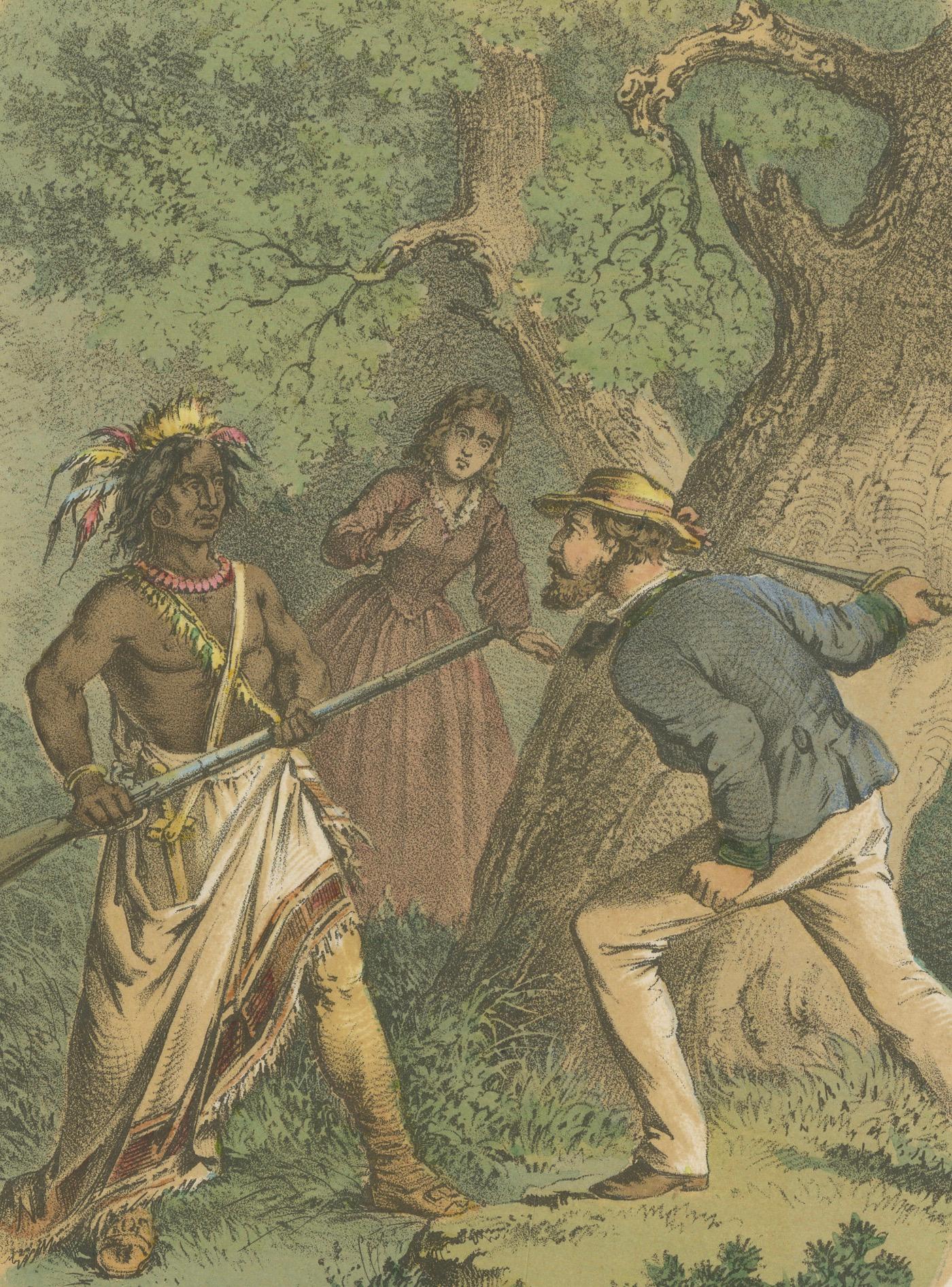 Kidnapping at the Red River – Antique Frontier Scene Lithograph, 1868