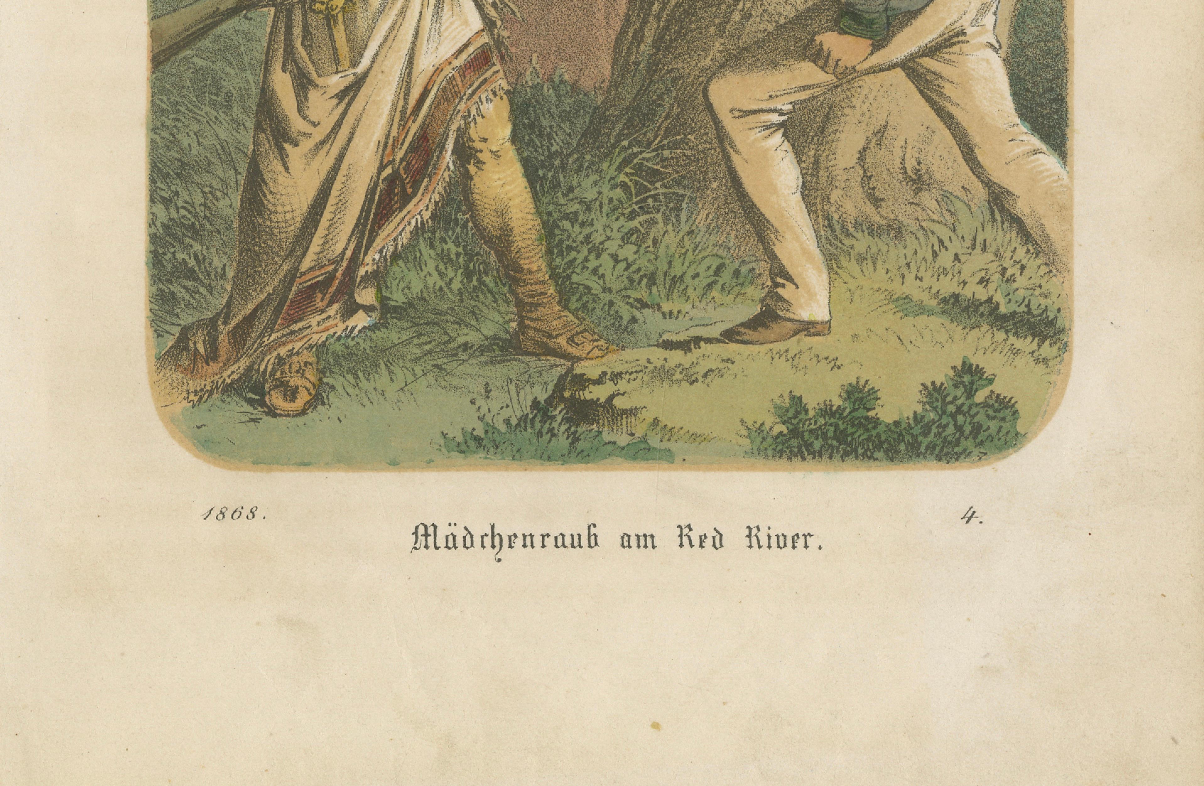 Kidnapping at the Red River – Antique Frontier Scene Lithograph, 1868