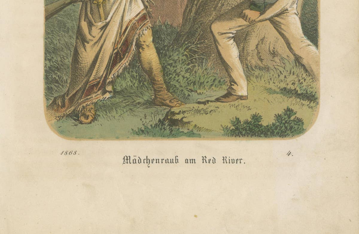 Kidnapping at the Red River – Antique Frontier Scene Lithograph, 1868