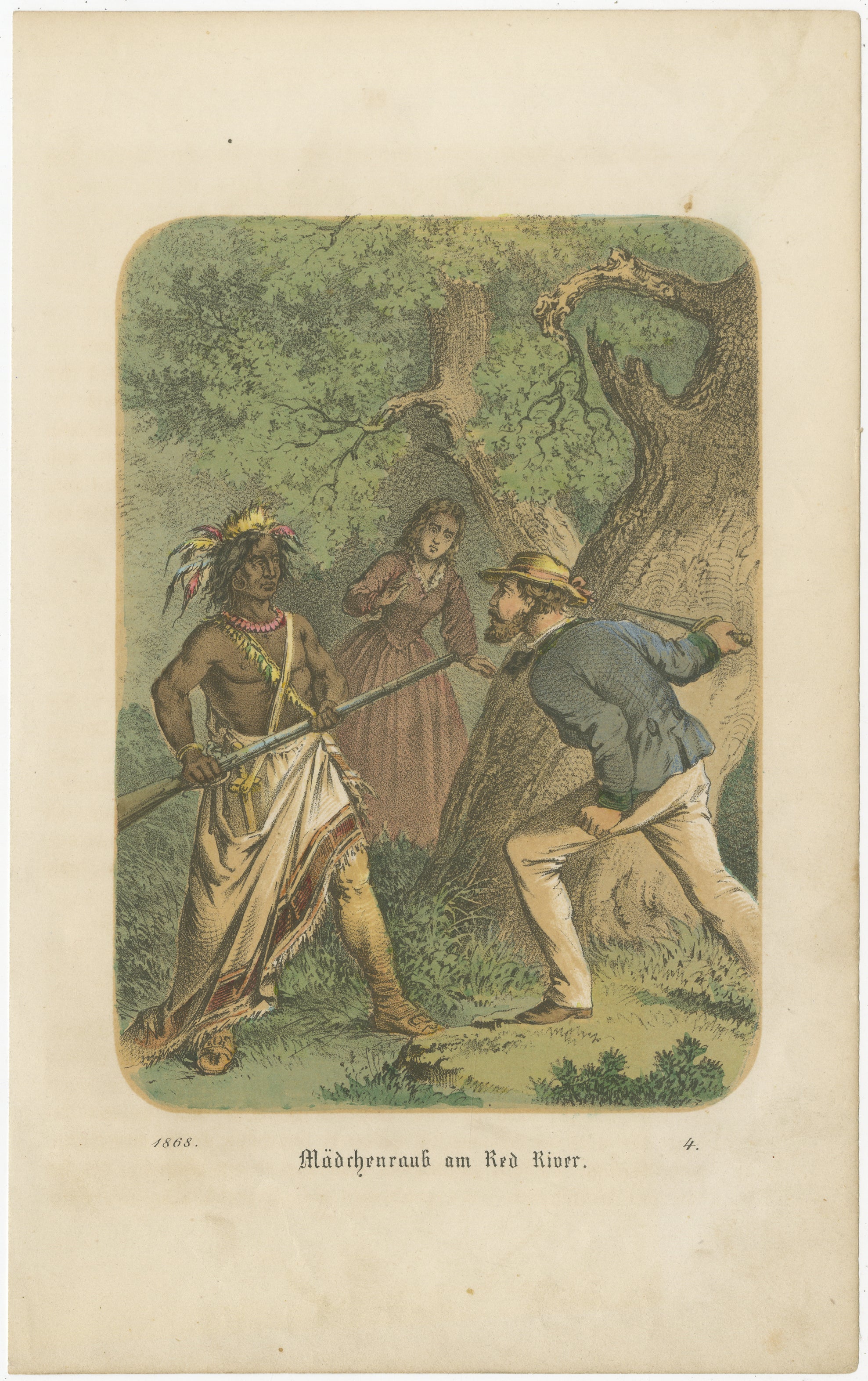 Kidnapping at the Red River – Antique Frontier Scene Lithograph, 1868 For Sale