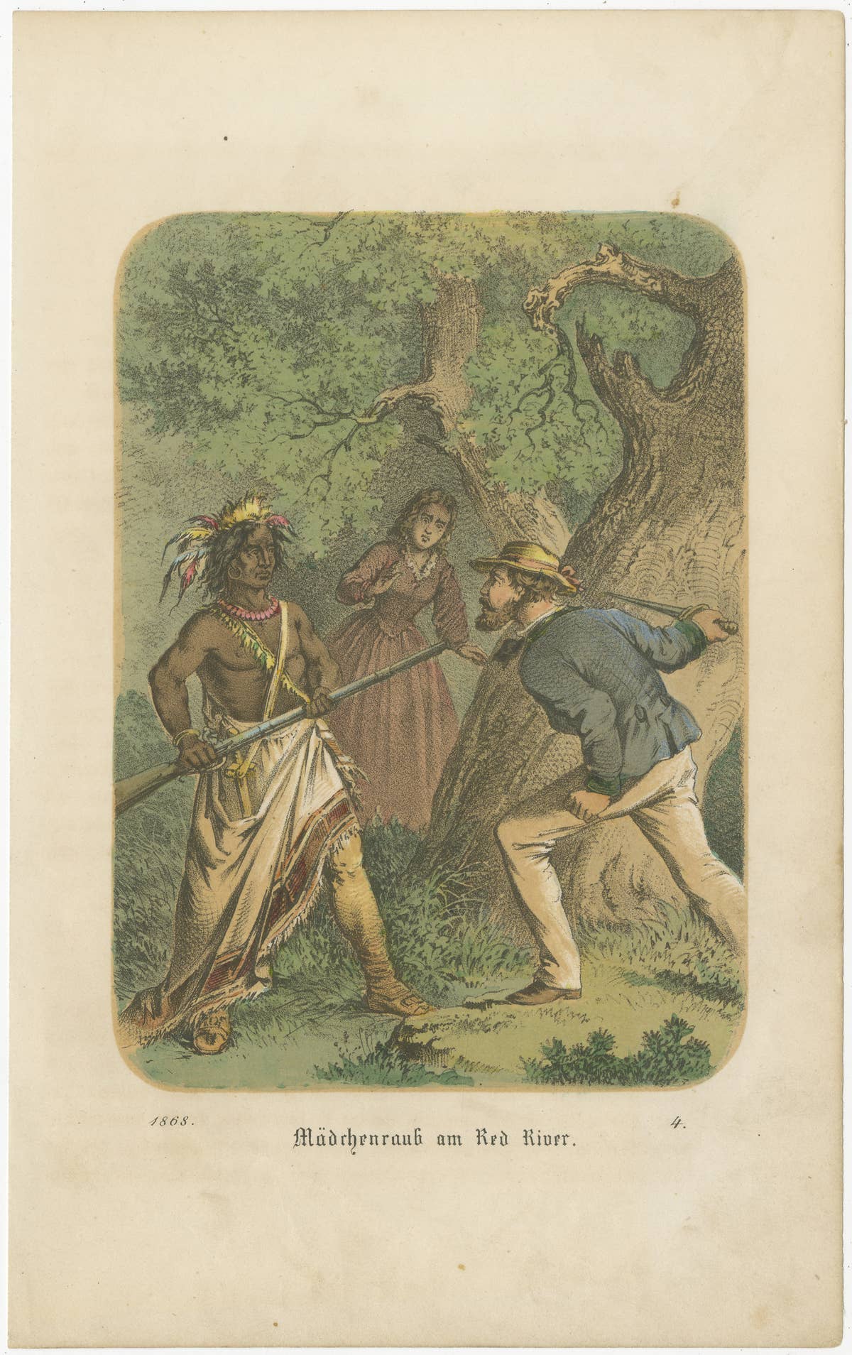 Kidnapping at the Red River – Antique Frontier Scene Lithograph, 1868