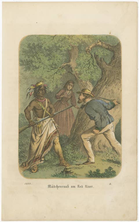 Kidnapping at the Red River – Antique Frontier Scene Lithograph, 1868