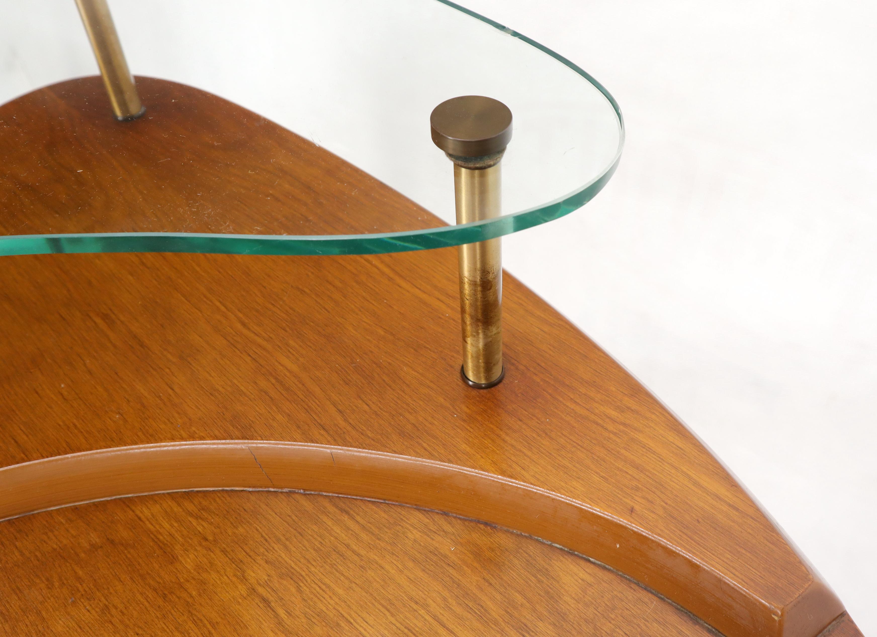 American Kidney Comma Shape Two Tier Glass Walnut & Brass Conical Leg Coffee Side Table For Sale
