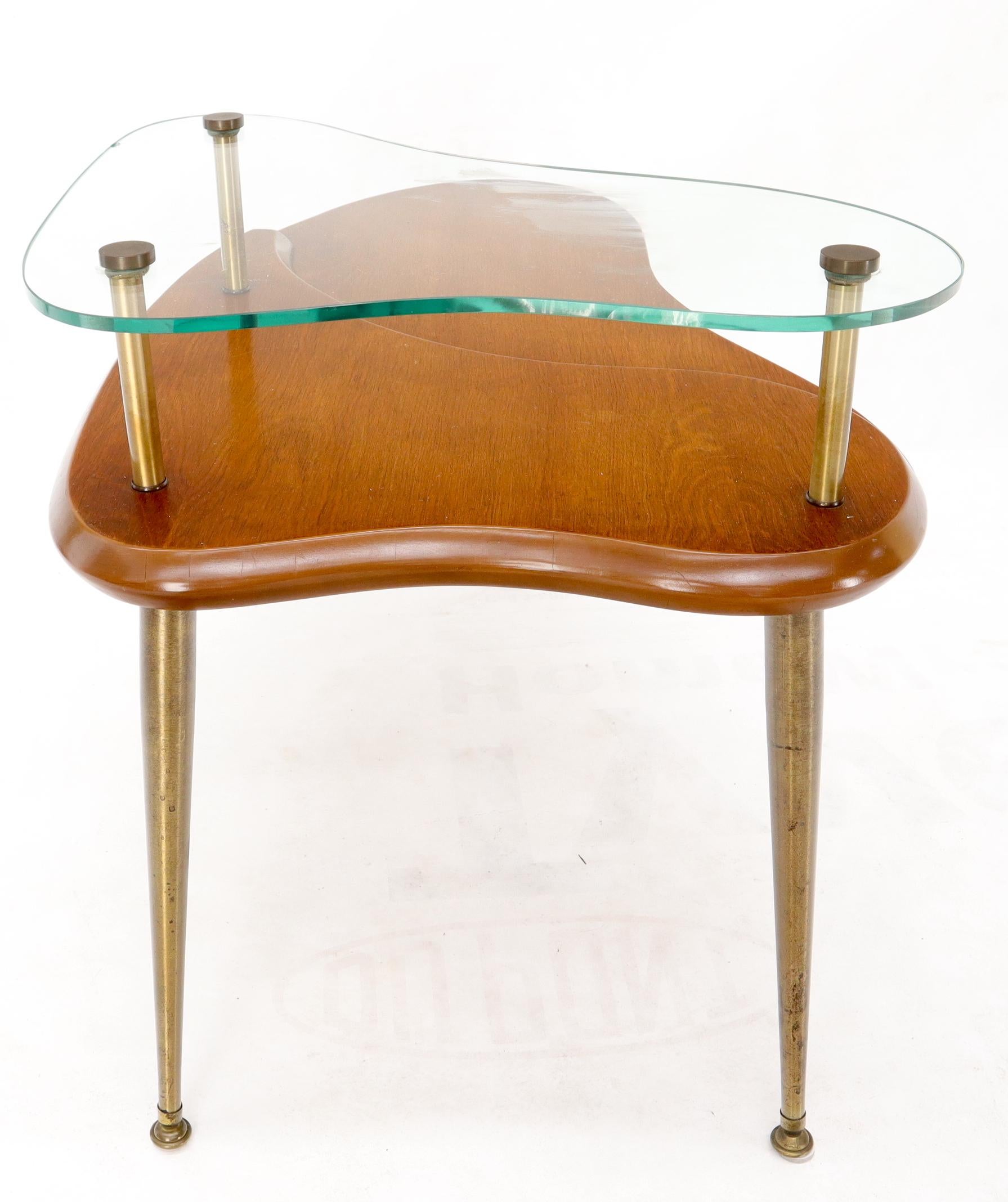 20th Century Kidney Comma Shape Two Tier Glass Walnut & Brass Conical Leg Coffee Side Table For Sale