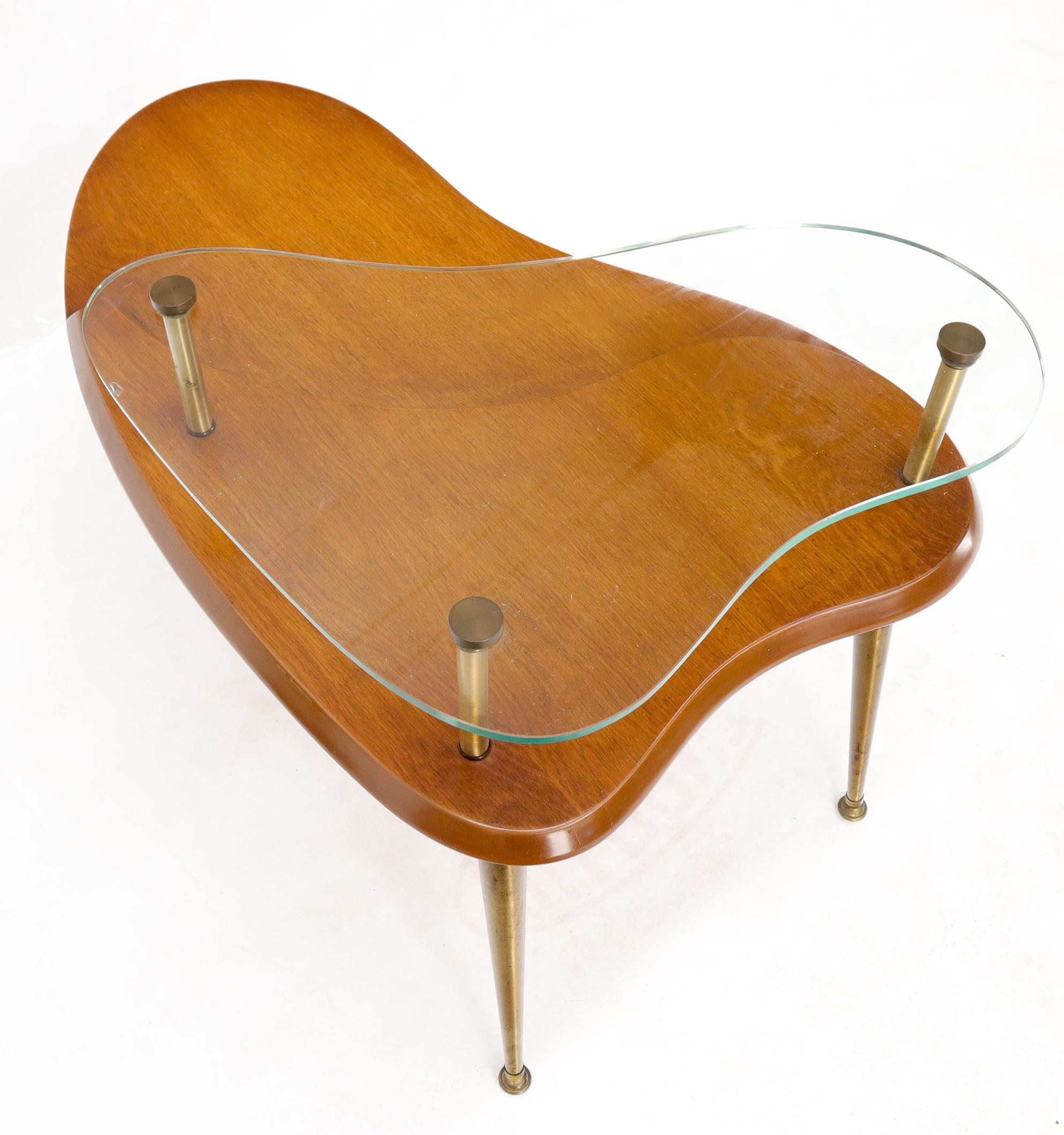 20th Century Kidney Comma Shape Two Tier Glass Walnut & Brass Conical Leg Coffee Side Table