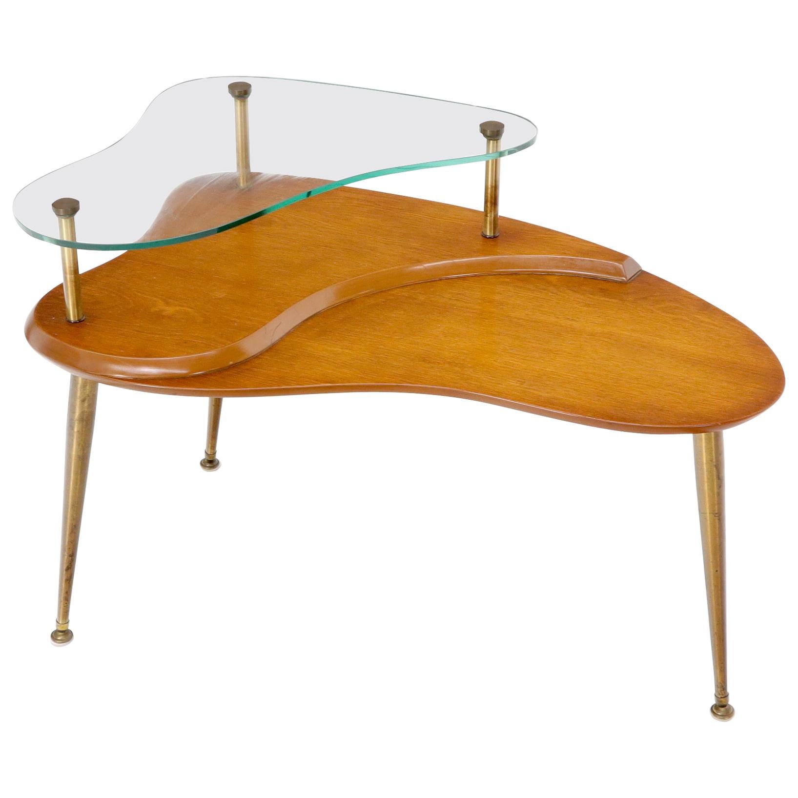 Kidney Comma Shape Two Tier Glass Walnut & Brass Conical Leg Coffee Side Table For Sale