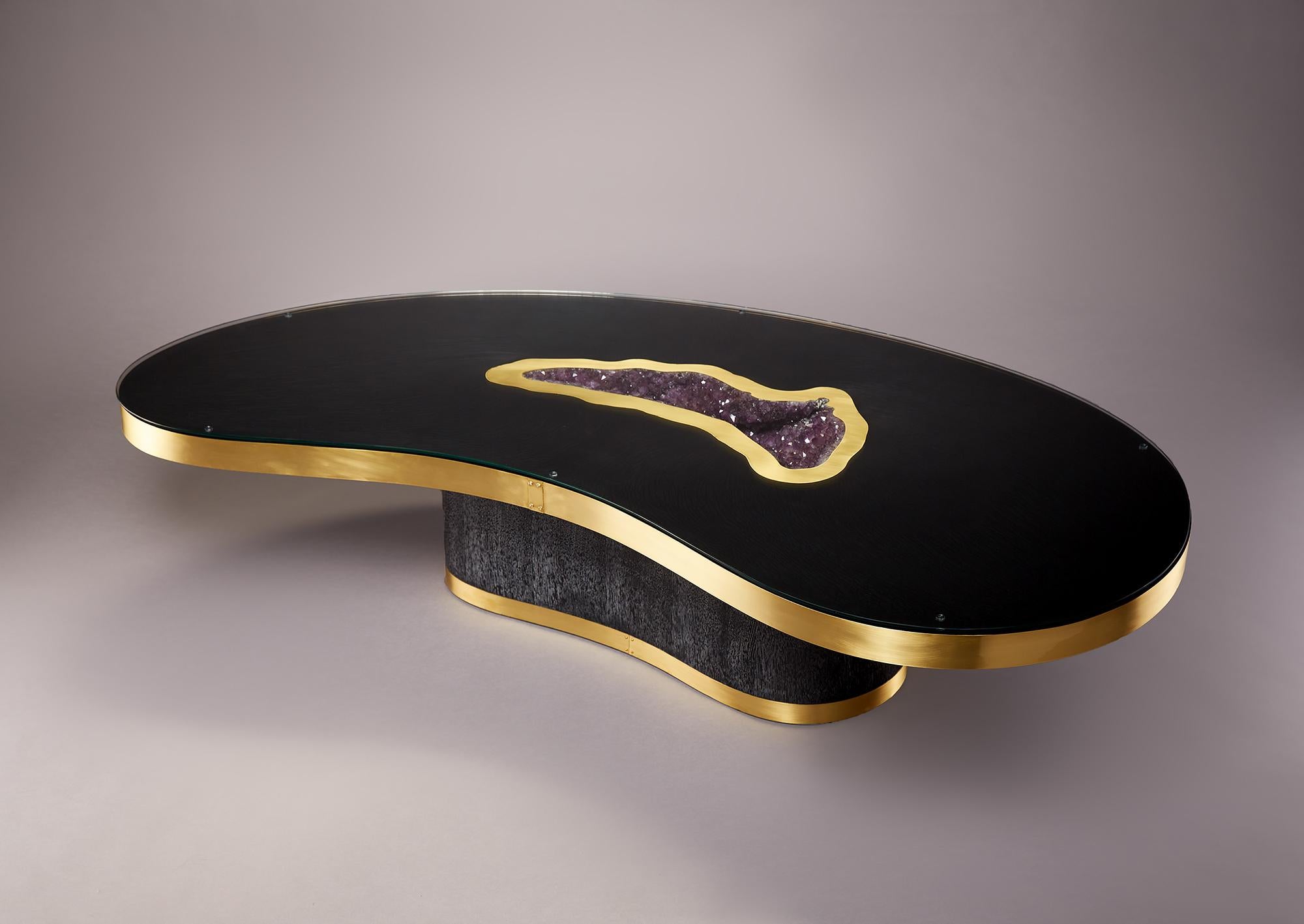 Kidney shaped amethyst geode and marbelized black resin coffee table with brass edging. Designed and made by Gallery Girasole. Second photo shown with 1/4