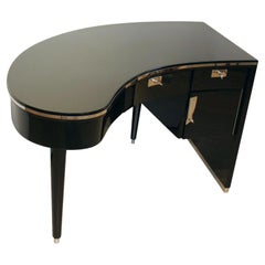 Kidney-shaped Art Deco Desk, Black Lacquer and Metal, France, 1940/50s
