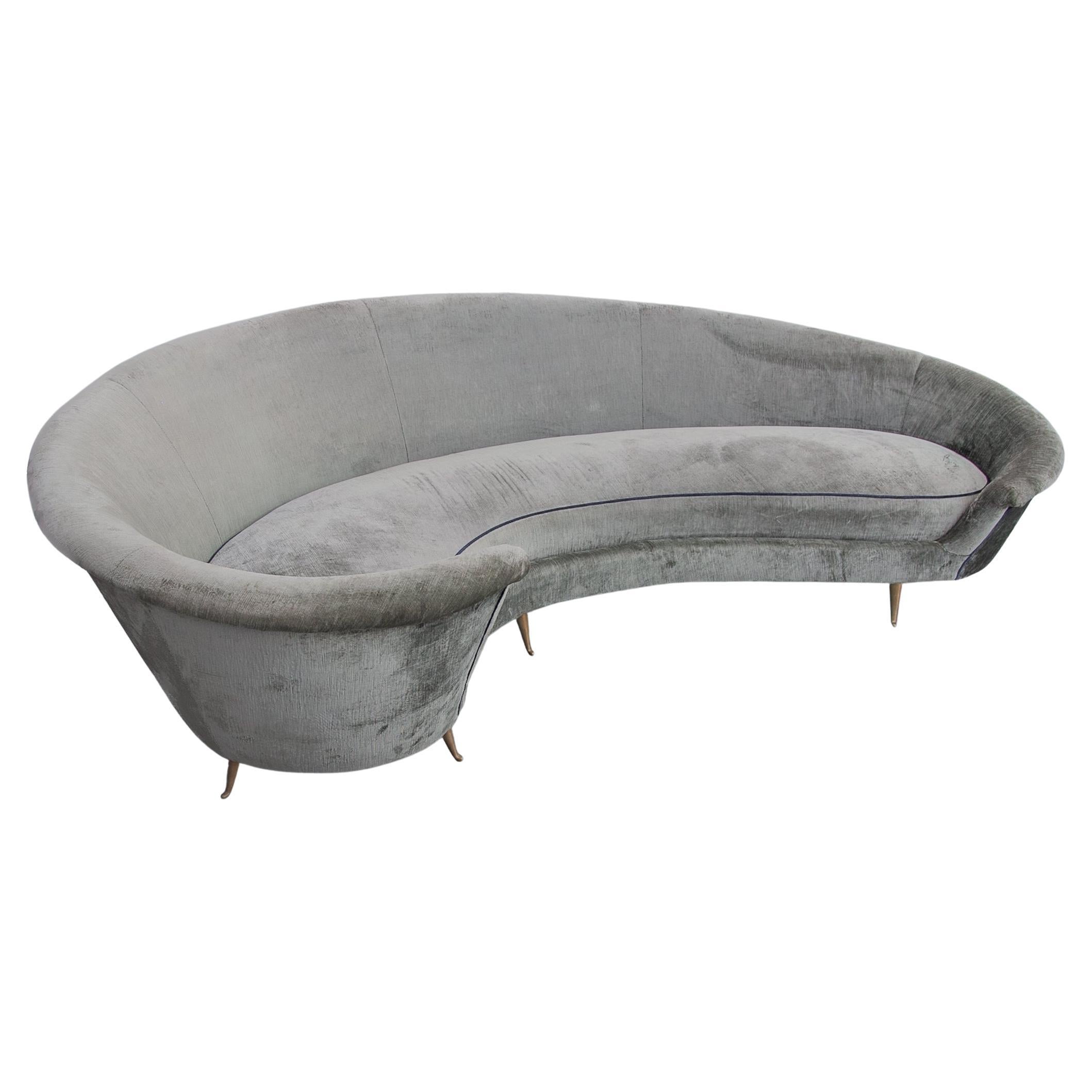 Italian Kidney Shaped Grey Velvet Sofa, Italy