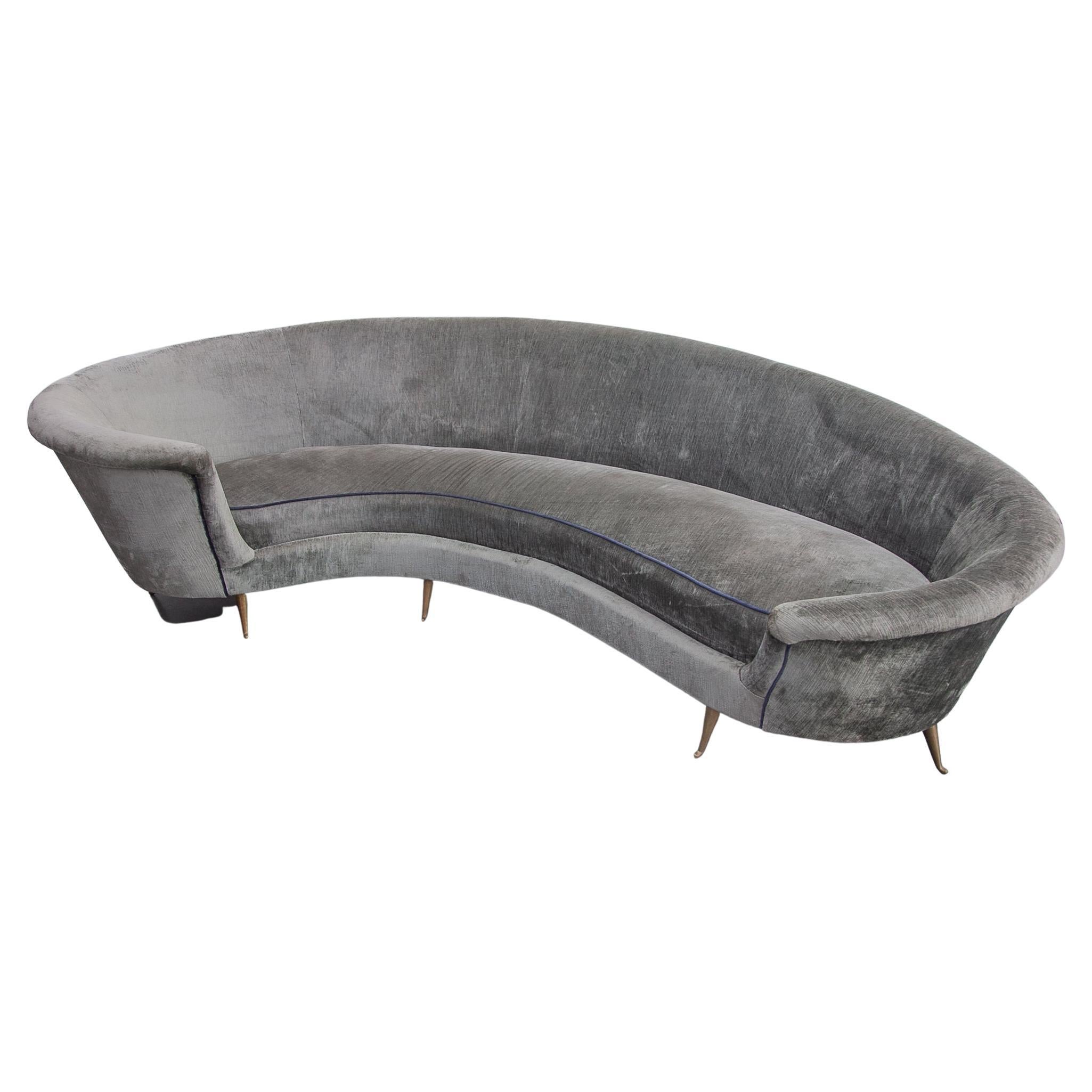 Hand-Crafted Kidney Shaped Grey Velvet Sofa, Italy