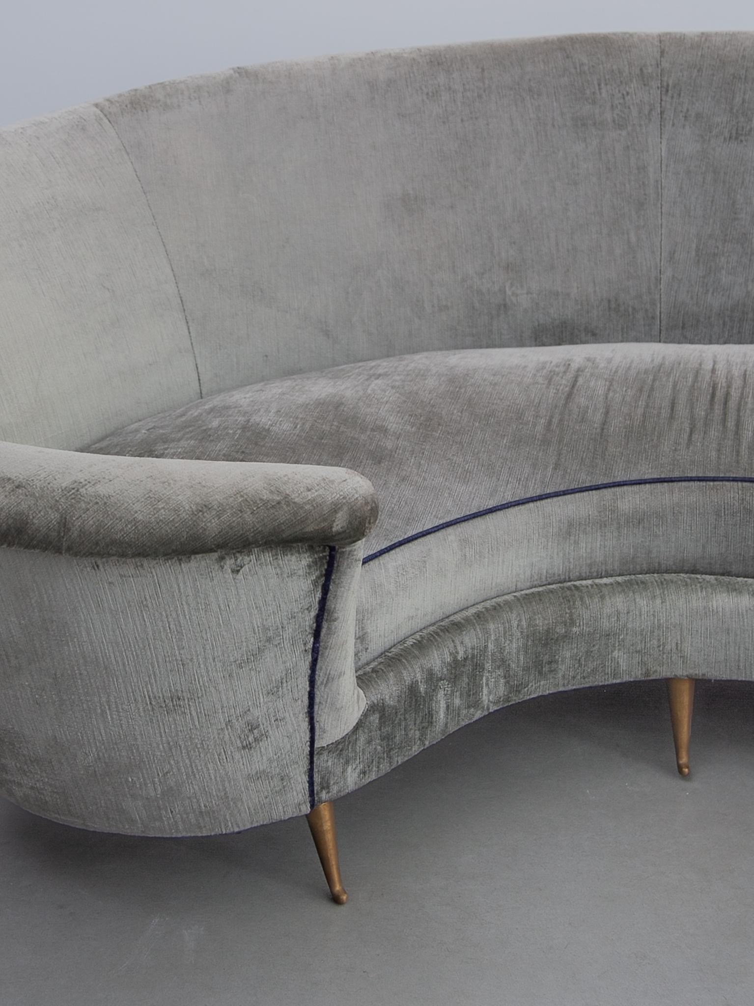 Brass Kidney Shaped Grey Velvet Sofa, Italy