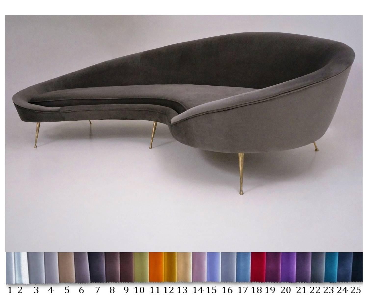 Kidney shaped sofa newly made in the Ico Parisi `1950`s style`.

In new `Dark Sage` colour velvet upholstery with solid handmade brass legs, Italian. Made exclusively for our Contemporary Collection.

This sofa is available to order and takes 10