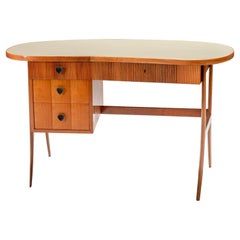 Retro Kidney-shaped Writing Desk in blond Wood, Brass and Glass, Italy, 1950's