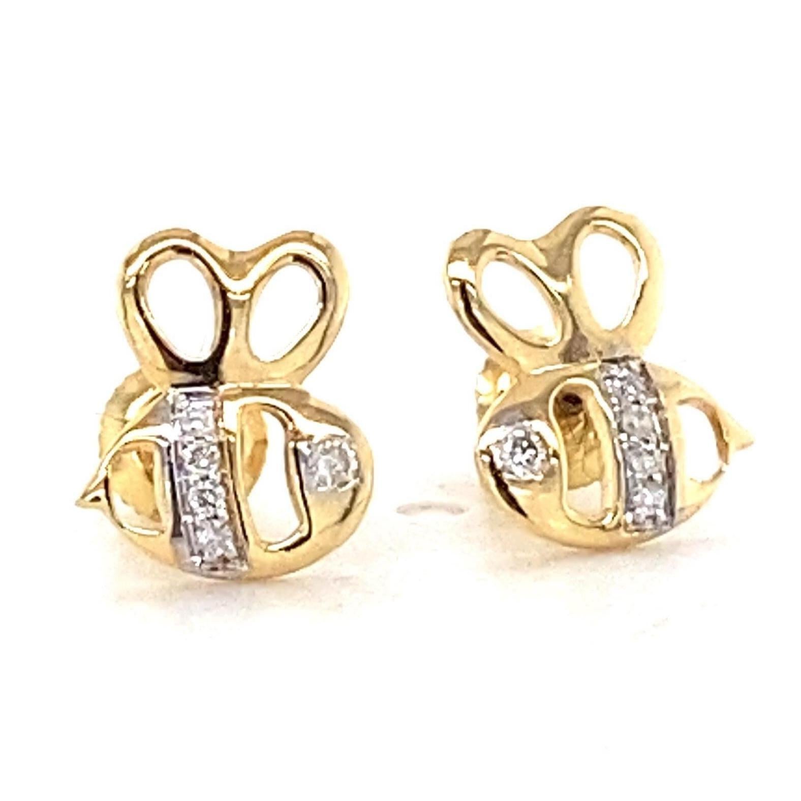Round Cut Kids Bee Diamond Stud Earrings in 14k Solid Gold (Certified) For Sale