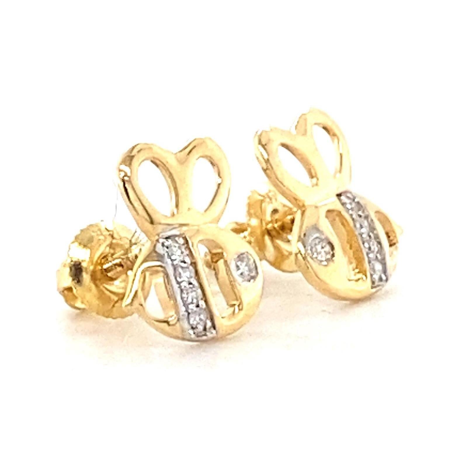 Kids Bee Diamond Stud Earrings in 14k Solid Gold (Certified) In New Condition For Sale In New Delhi, DL