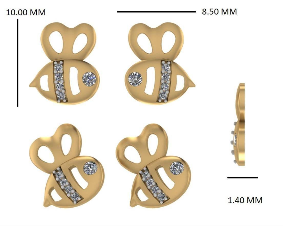 Kids Bee Diamond Stud Earrings in 14k Solid Gold (Certified) For Sale 2
