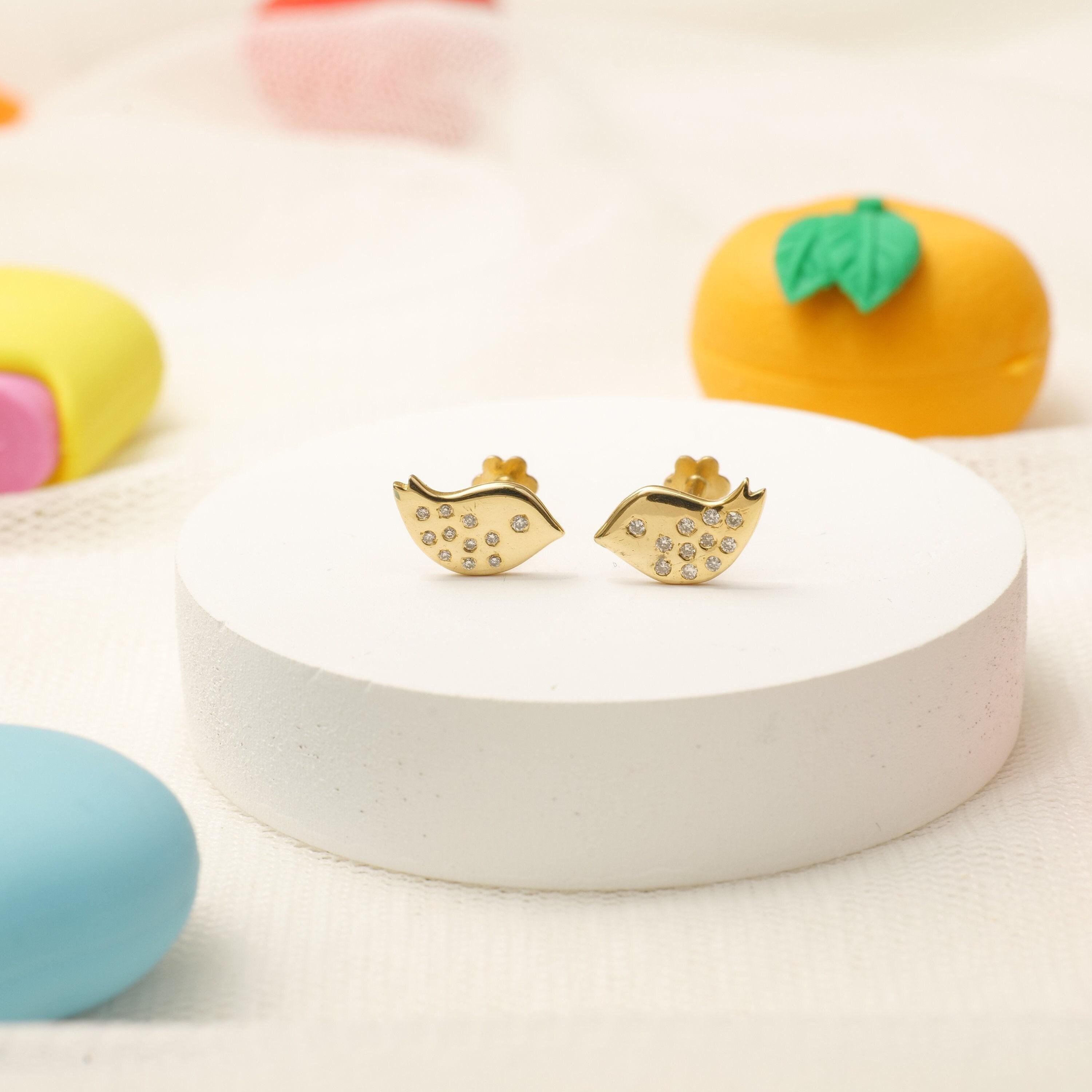Art Deco Kids Bird Diamond Stud Earrings in 14k Solid Gold (Certified) For Sale