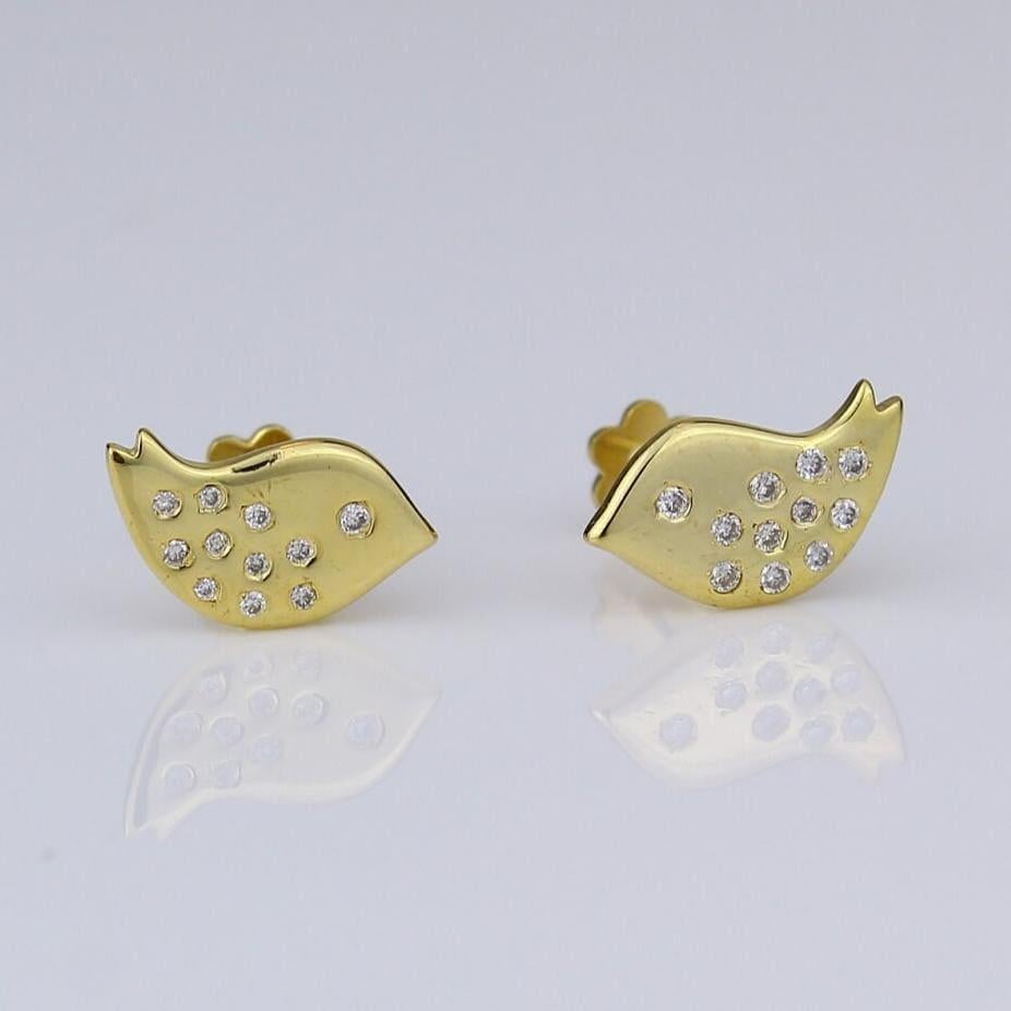 Round Cut Kids Bird Diamond Stud Earrings in 14k Solid Gold (Certified) For Sale
