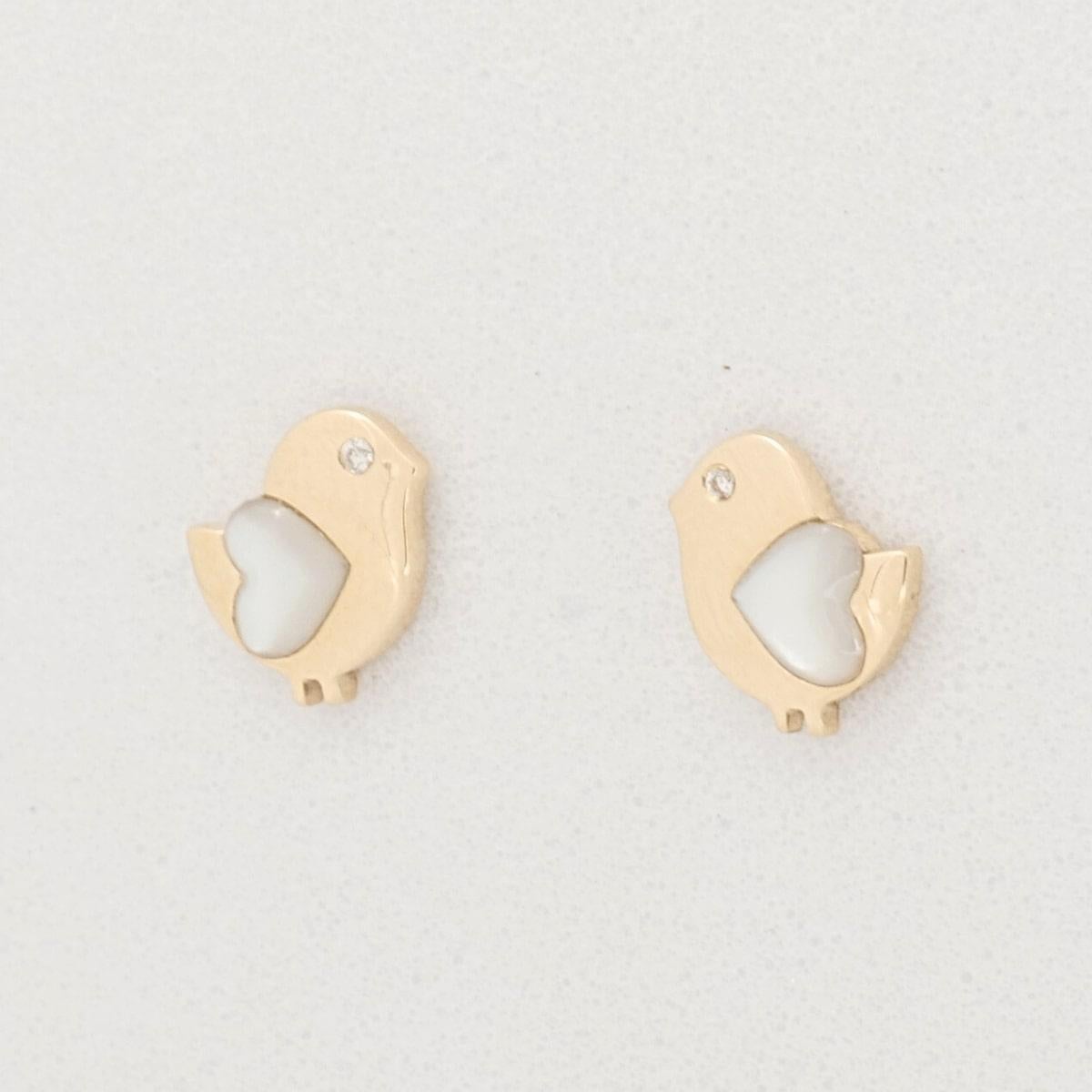 Art Deco Kids Bird Mother of Pearl Diamond Studs Earrings in 4k Solid Gold (Certified) For Sale