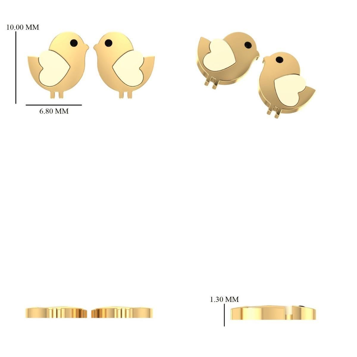 Women's Kids Bird Mother of Pearl Diamond Studs Earrings in 4k Solid Gold (Certified) For Sale
