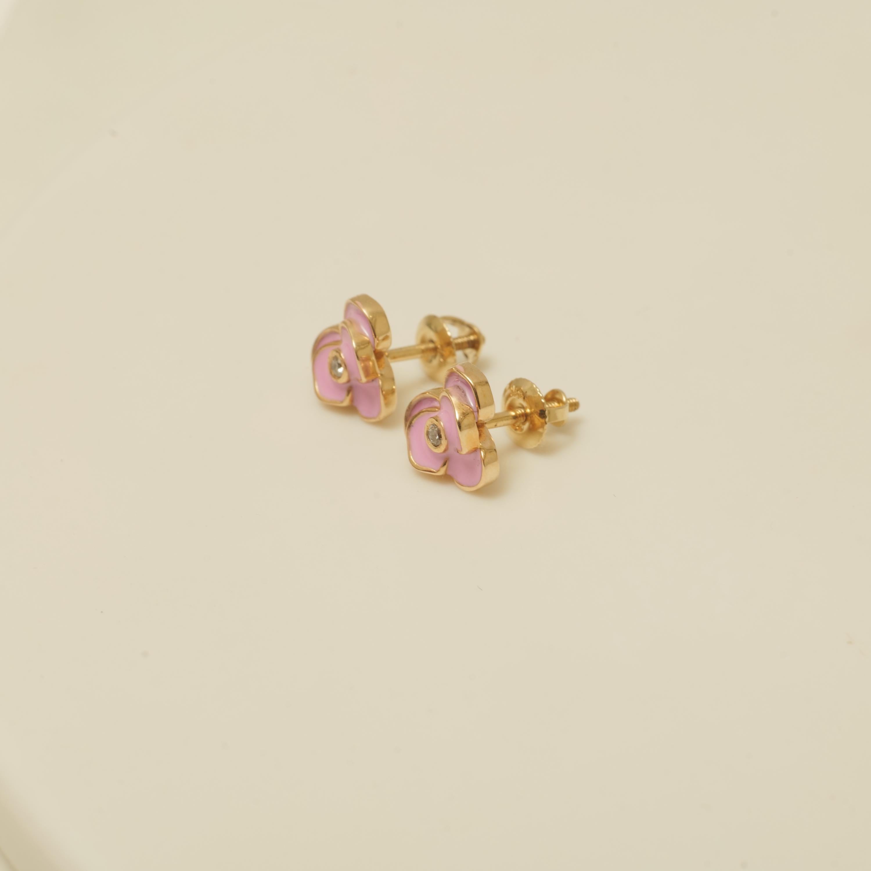 Art Deco Kids Blooming Flower Diamond Stud Earrings in 14K Solid Gold (Certified) For Sale