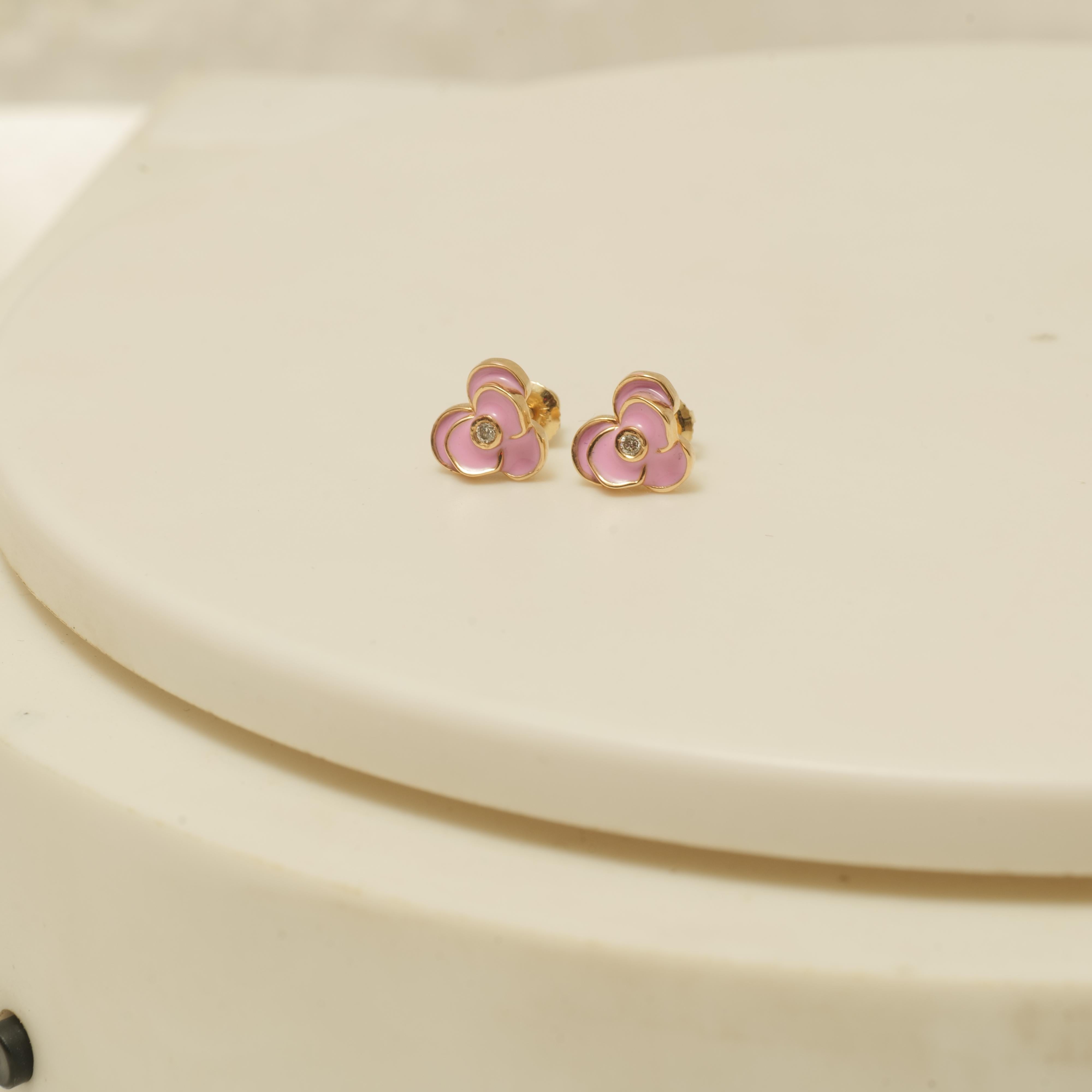Round Cut Kids Blooming Flower Diamond Stud Earrings in 14K Solid Gold (Certified) For Sale
