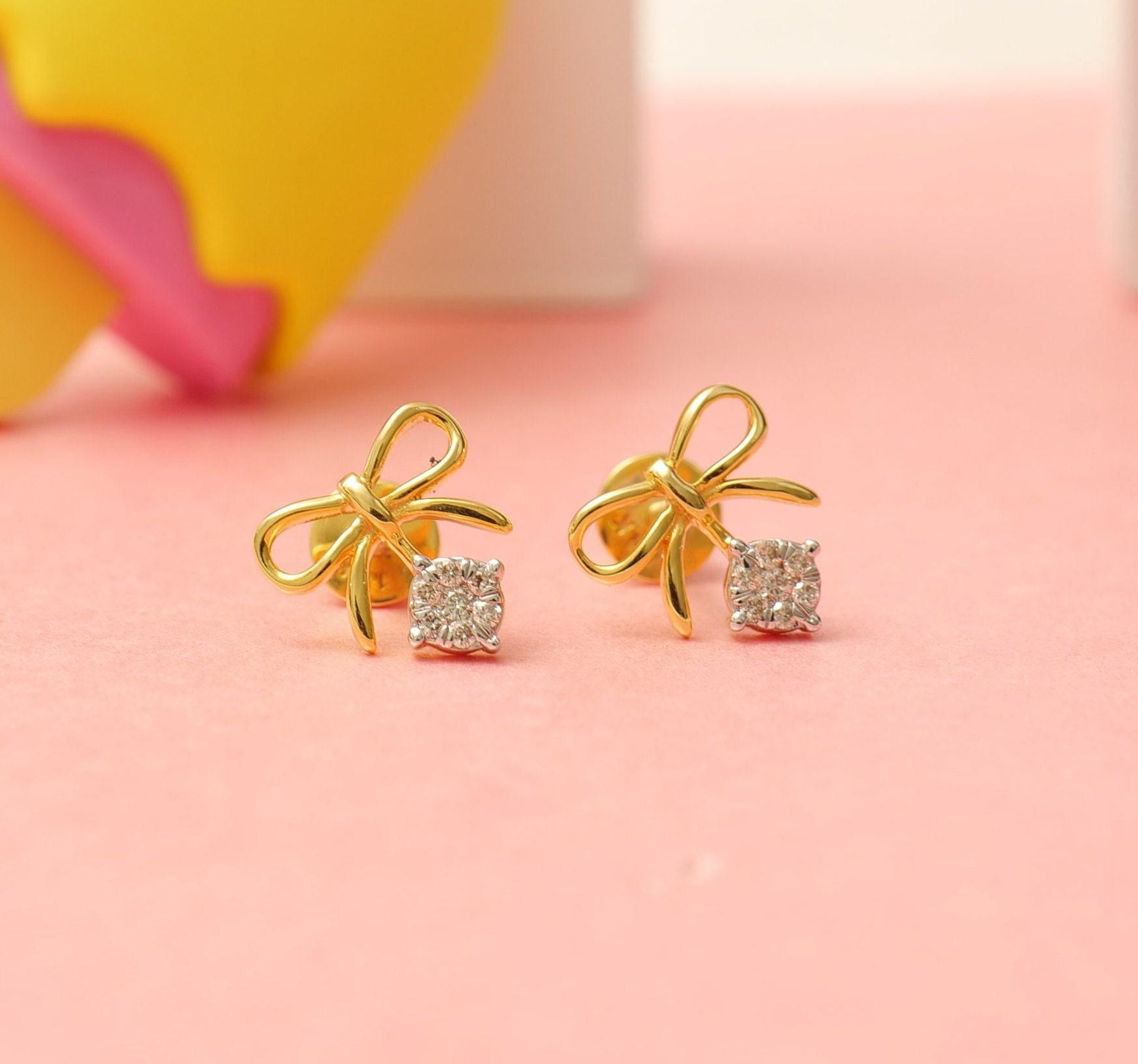 Art Deco Kids Bow Diamond Stud Earrings in 14K Solid Gold (Certified) For Sale