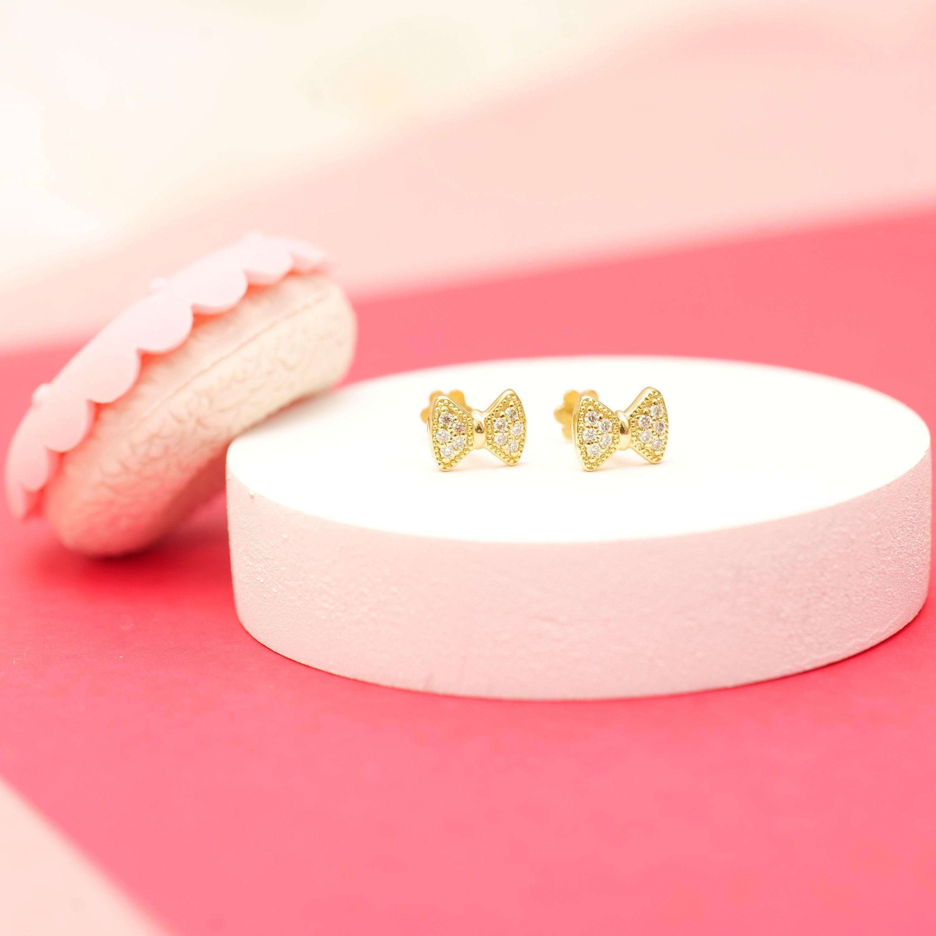 Art Deco Kids Bow Diamond Stud Earrings in 14k Solid Gold (Certified) For Sale
