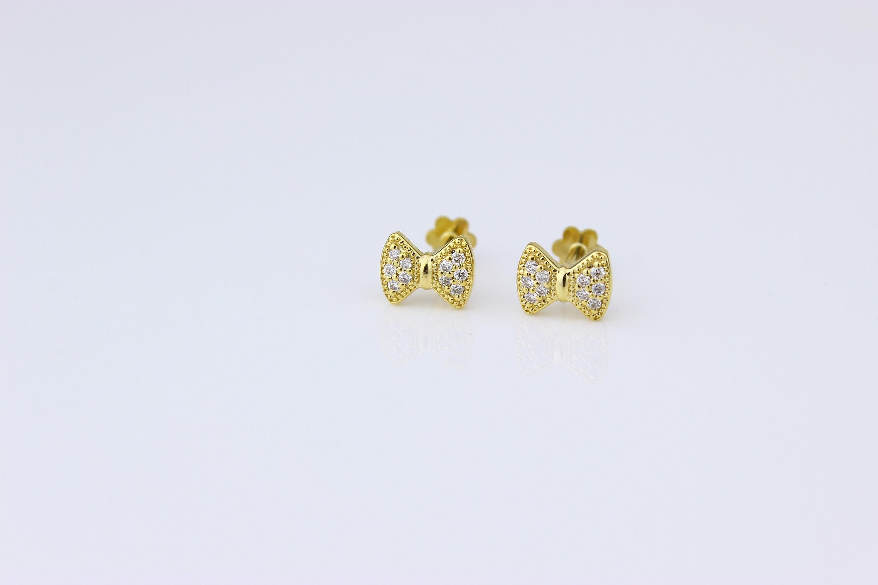 Round Cut Kids Bow Diamond Stud Earrings in 14k Solid Gold (Certified) For Sale