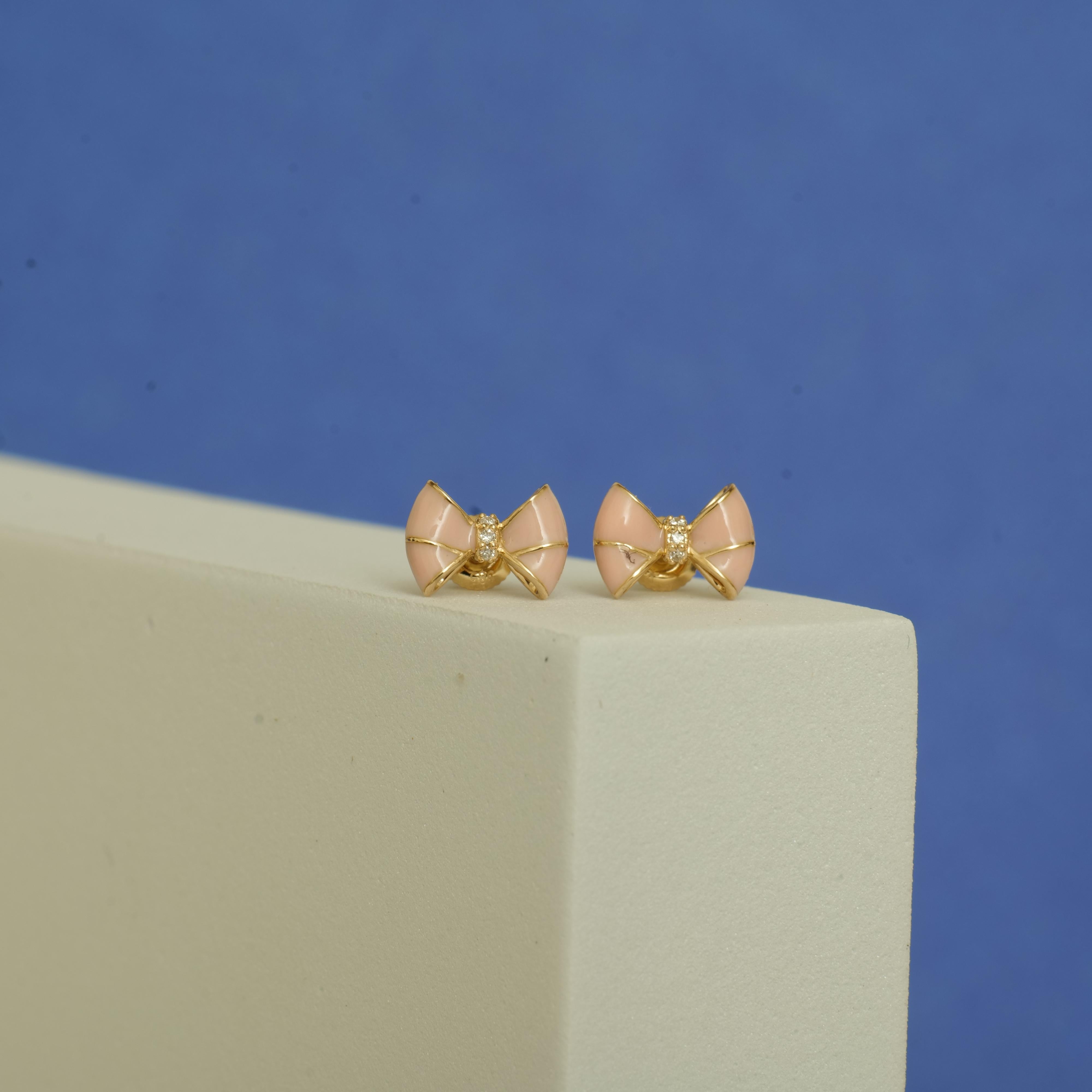 Round Cut Kids Bow Diamond Stud Earrings in 14K Solid Gold (Certified) For Sale