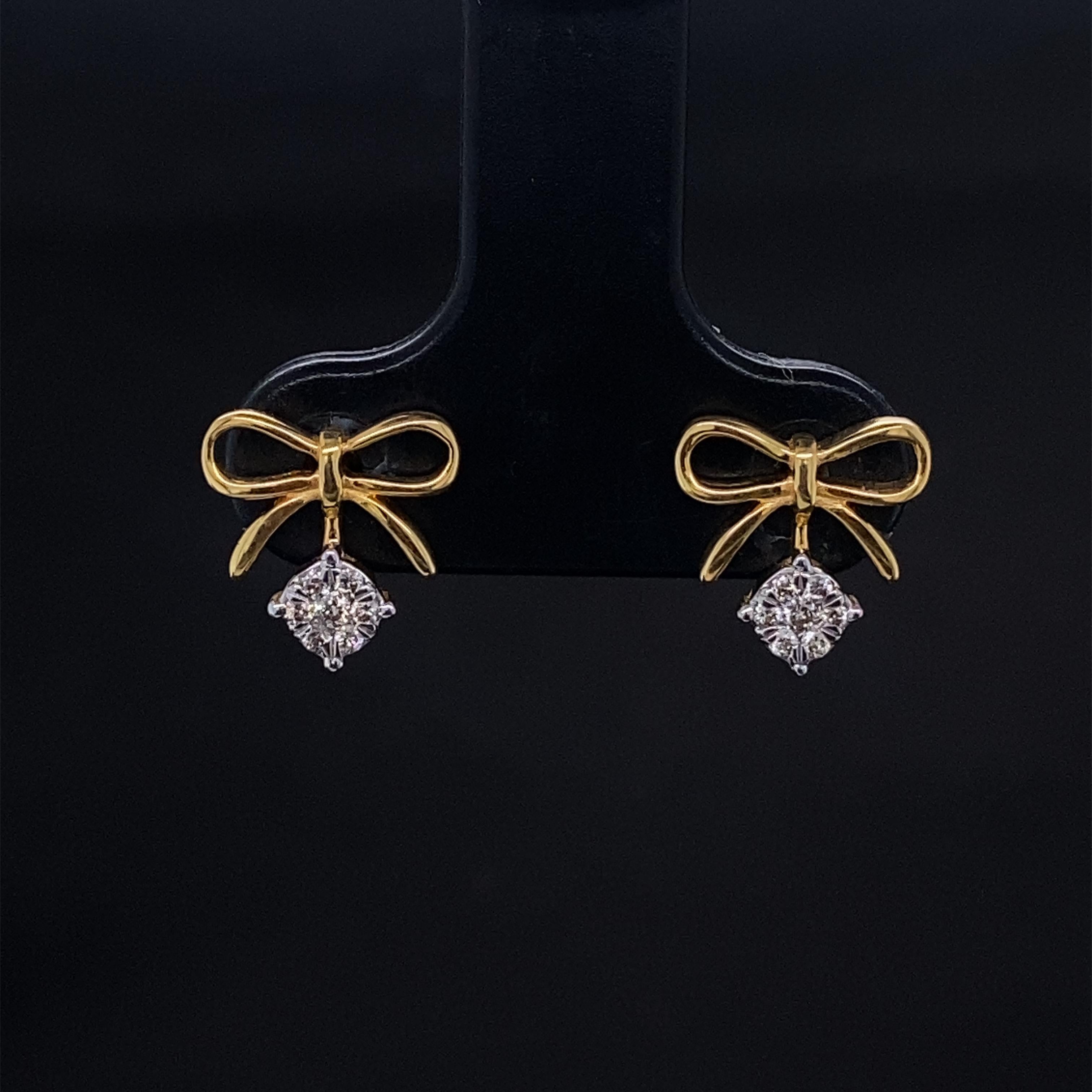 Women's Kids Bow Diamond Stud Earrings in 14K Solid Gold (Certified) For Sale