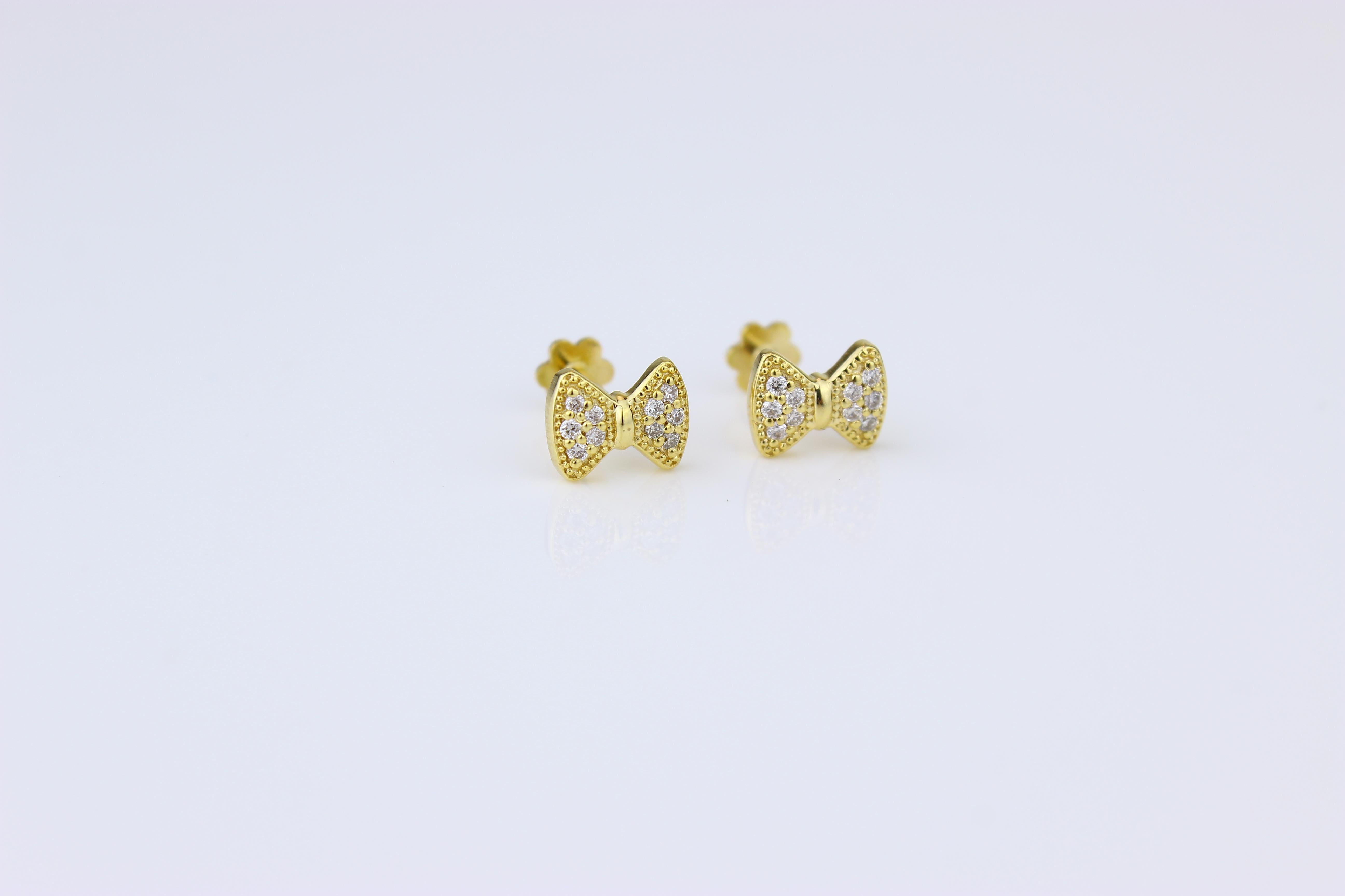 Kids Bow Diamond Stud Earrings in 14k Solid Gold (Certified) For Sale 2
