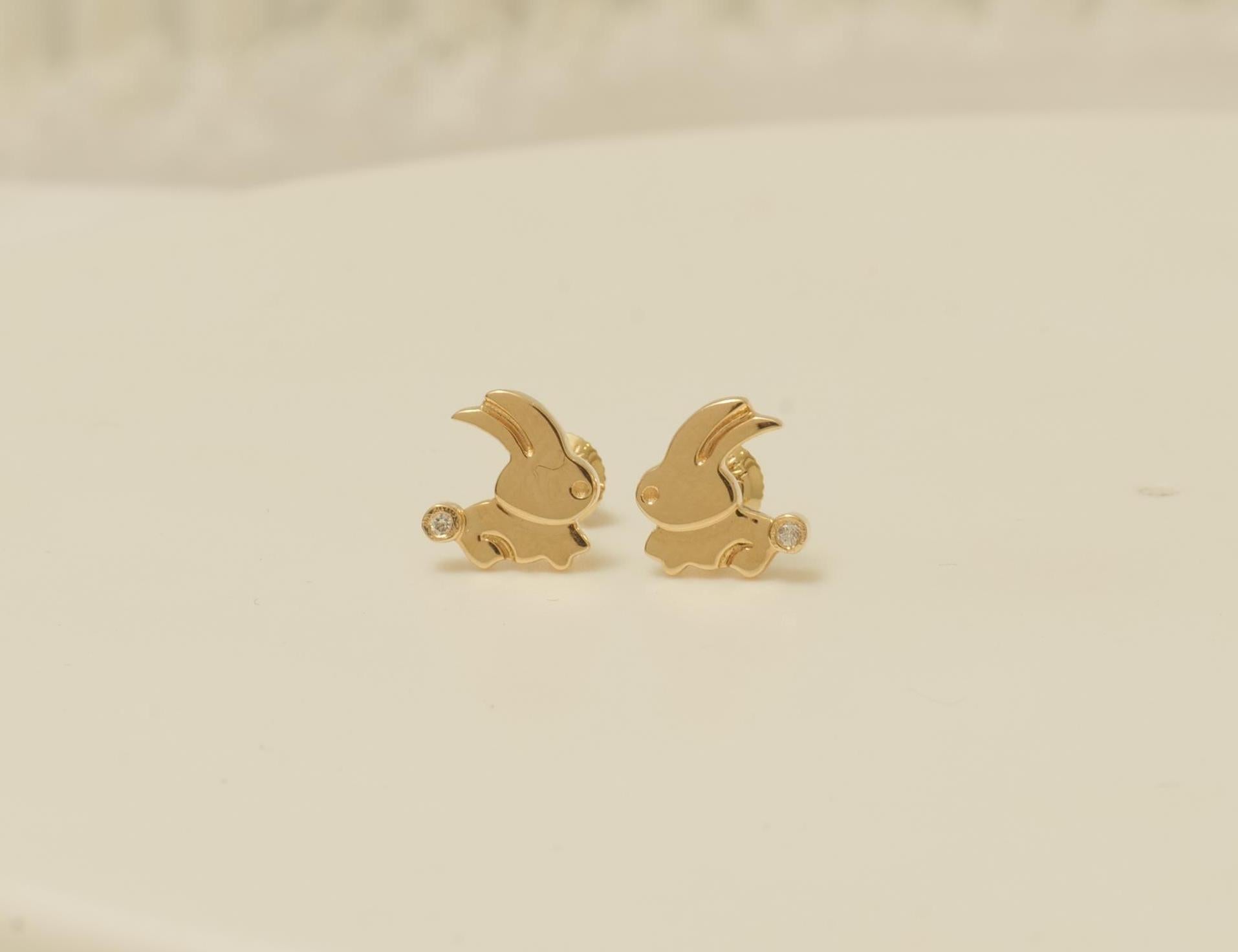 Art Deco Kids Bunny Diamond Earrings in 14k Solid Gold (Certified) For Sale