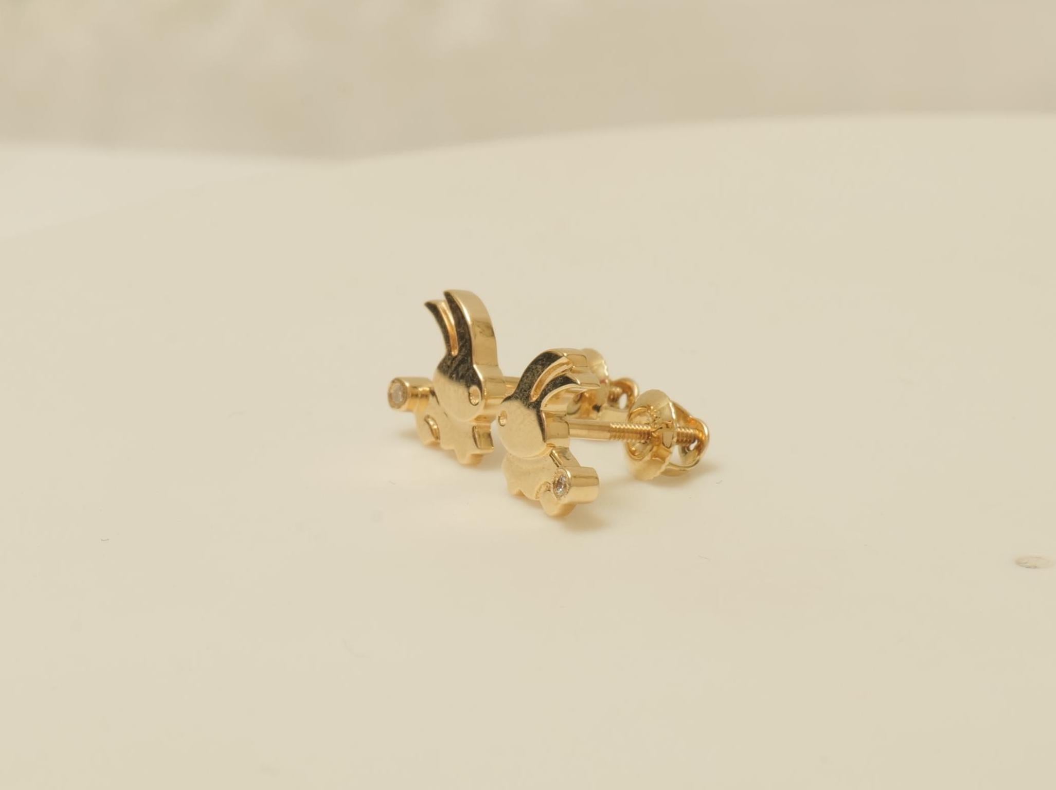 Round Cut Kids Bunny Diamond Earrings in 14k Solid Gold (Certified) For Sale