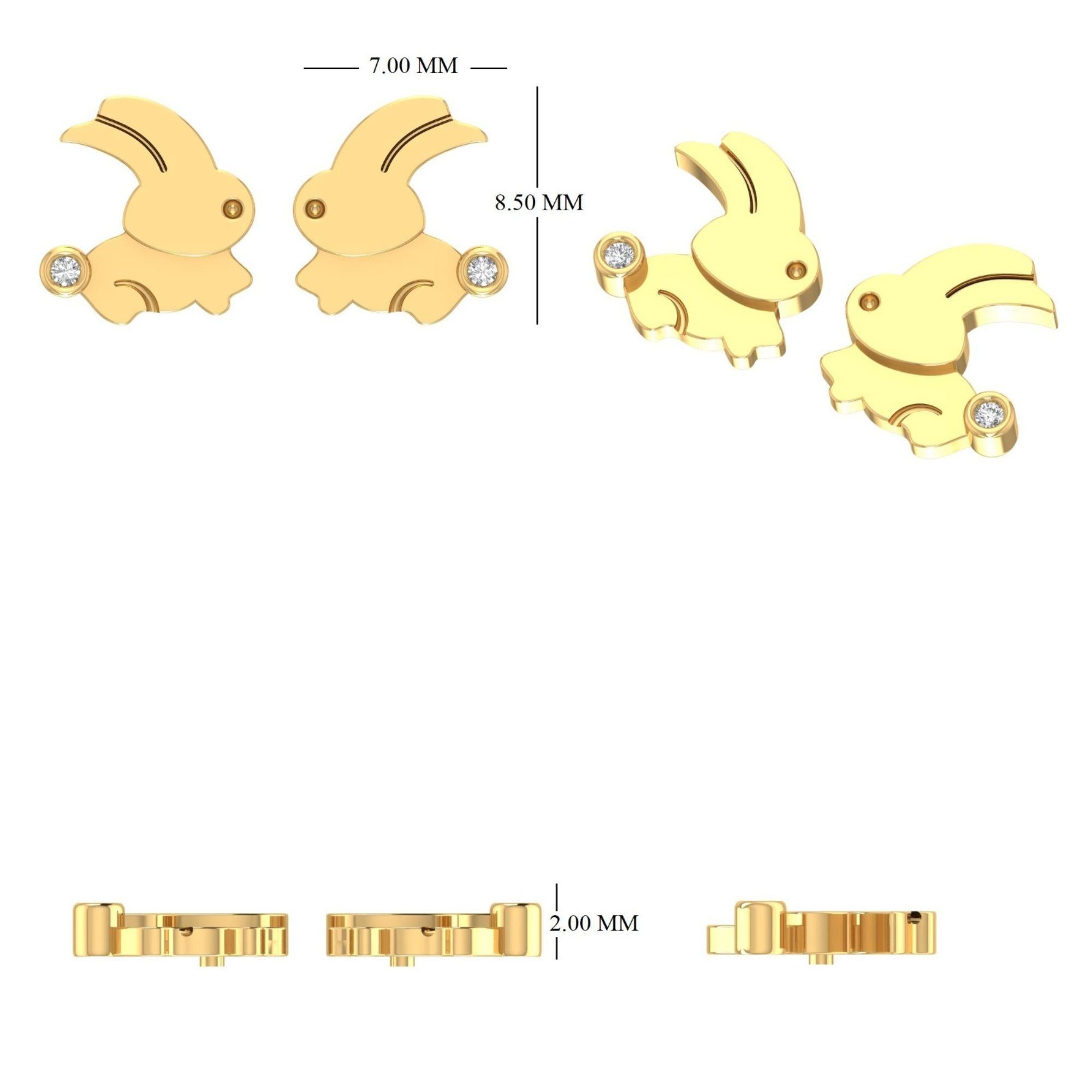 Kids Bunny Diamond Earrings in 14k Solid Gold (Certified) For Sale 2